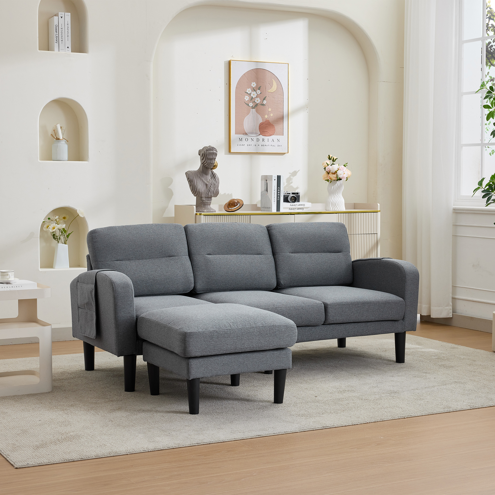 Canapé d’angle 3 places gris en L avec méridienne, poches de rangement latérales et 10 pieds de soutien
