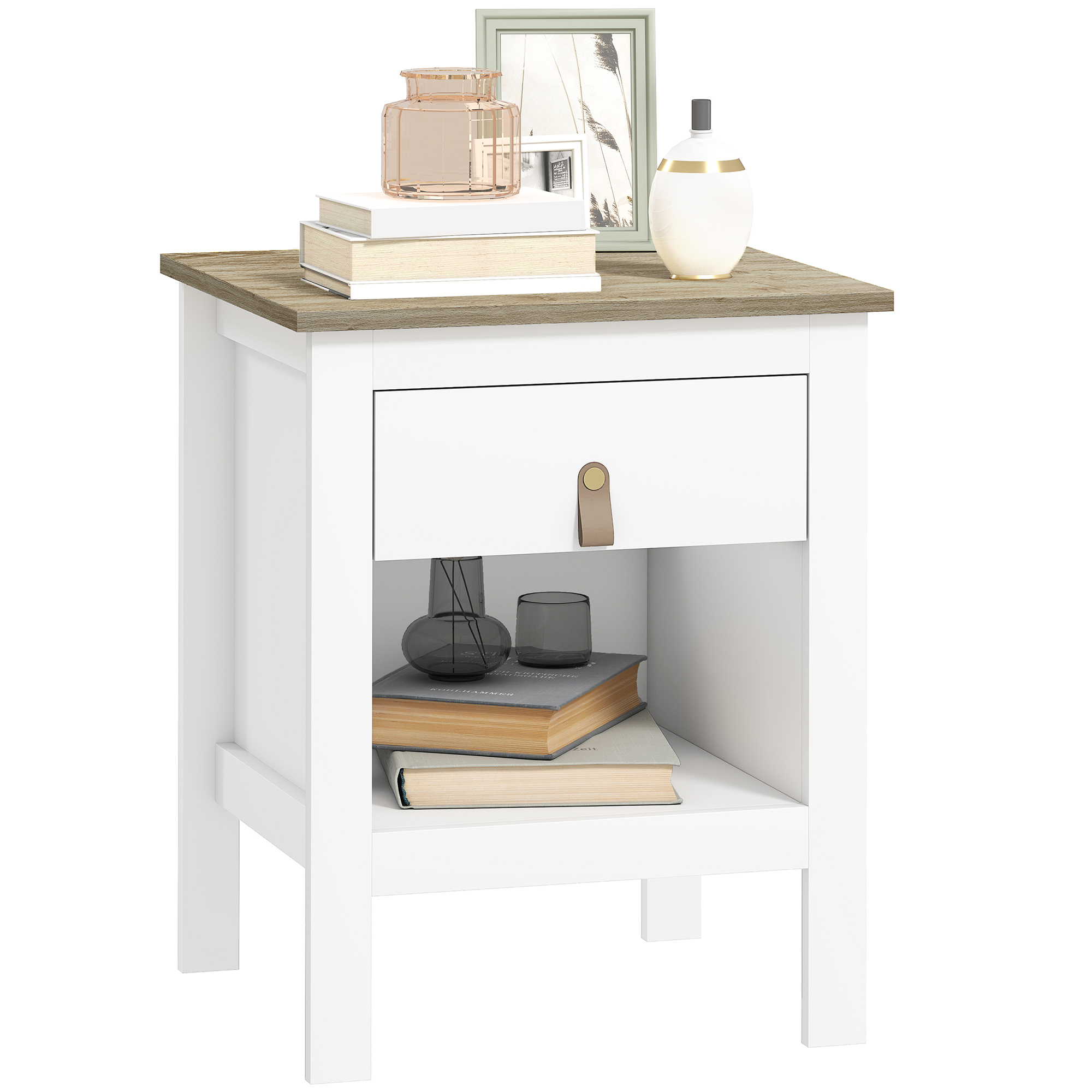HOMCOM Mesita de Noche Moderna Mesilla de Noche con Cajón Compartimento Abierto Mesa Auxiliar para Salón Dormitorio 45x40x55 cm Blanco