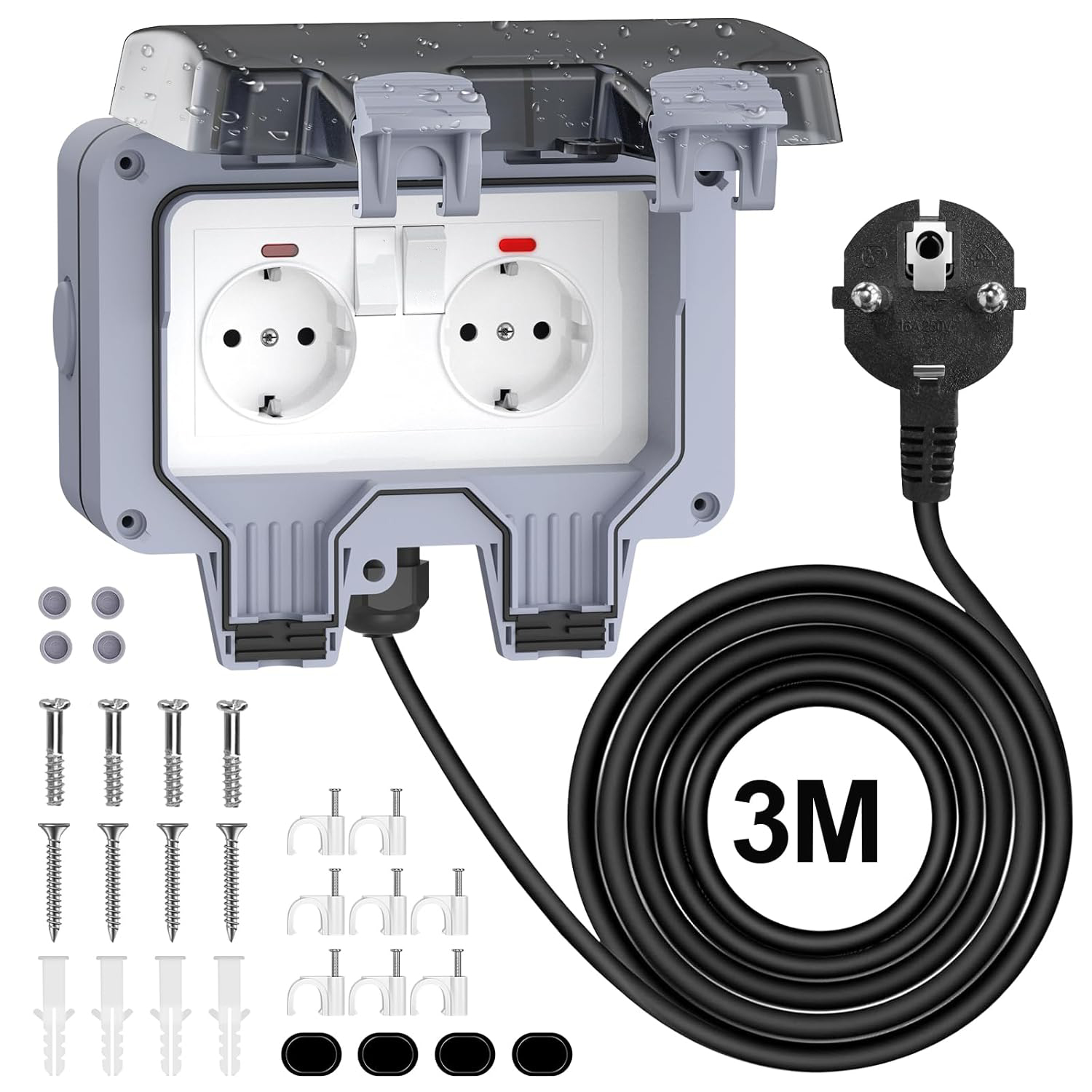 Enchufe Exterior Impermeable IP66 Doble con Cable de 3 m, Toma de Corriente Estanca con Interruptores Independientes, Protección Infantil, para Jardín, Garaje y Exteriores