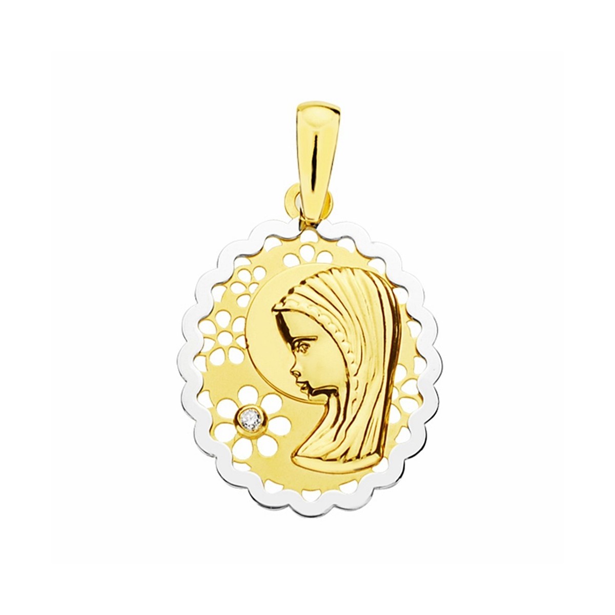 Medalla oro 18k bicolor 21mm. virgen nina flor circonita