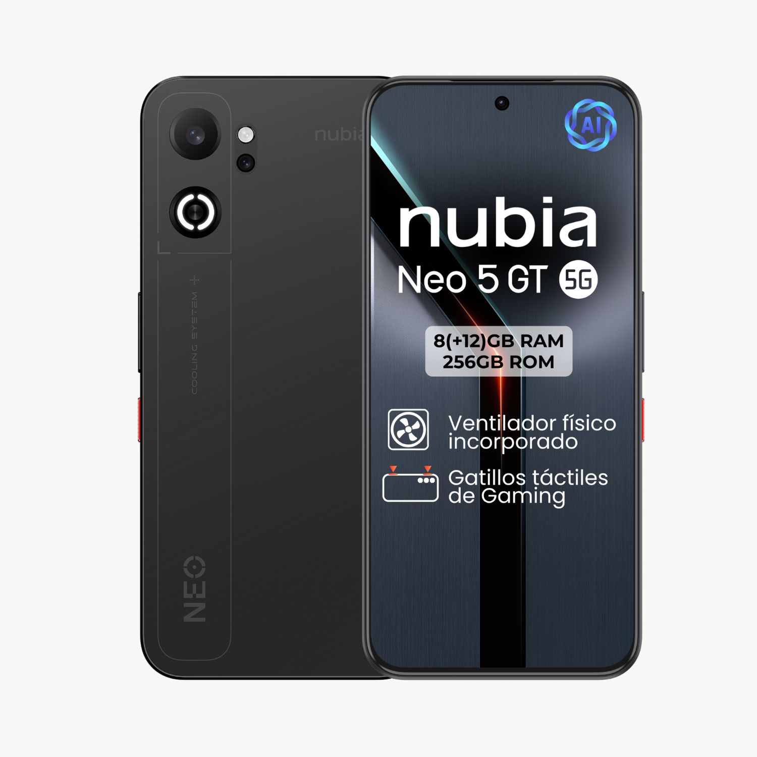 ZTE nubia Neo 5 GT 5G, Smartphone Gaming con IA,  [VERSION ESPAÑOLA], Gatillos Laterales, Ventilador físico incorporado, Pantalla AMOLED 6,8" 1.5K 144Hz, Batería 6210mAh doble celda, Android 16, Negro