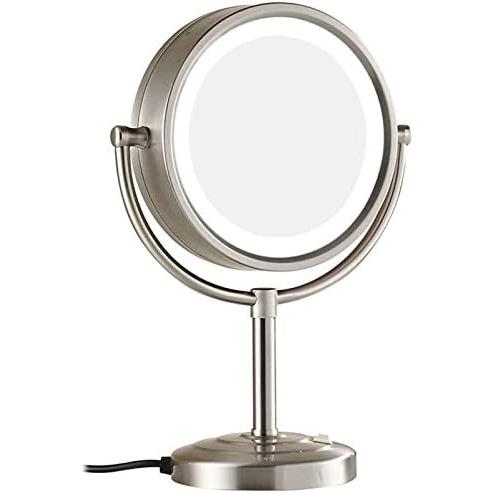 FCS Bathroom - Espejo de aumento con luz LED 10x, espejo de maquillaje de mesa con cable, espejo para maquillaje LED giratorio 360°, 21,5 cm (color: níquel cepillado), Níquel cepillado, Talla única,