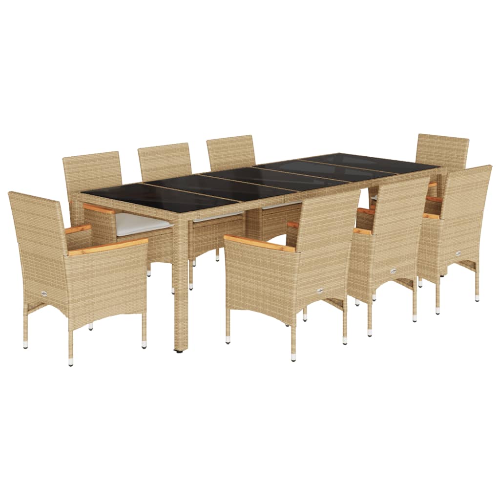 vidaXL Set comedor jardín 9 pzas cojines ratán sintético vidrio beige