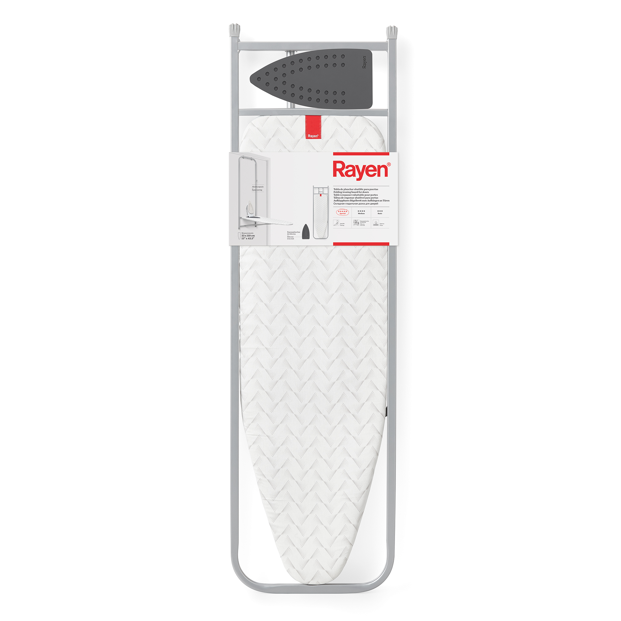Rayen, Tabla de Planchar para pared, puerta y armario, Reposaplanchas de Silicona, Con Esmpuma, Gris, Medidas Tablero 33 x 110cm