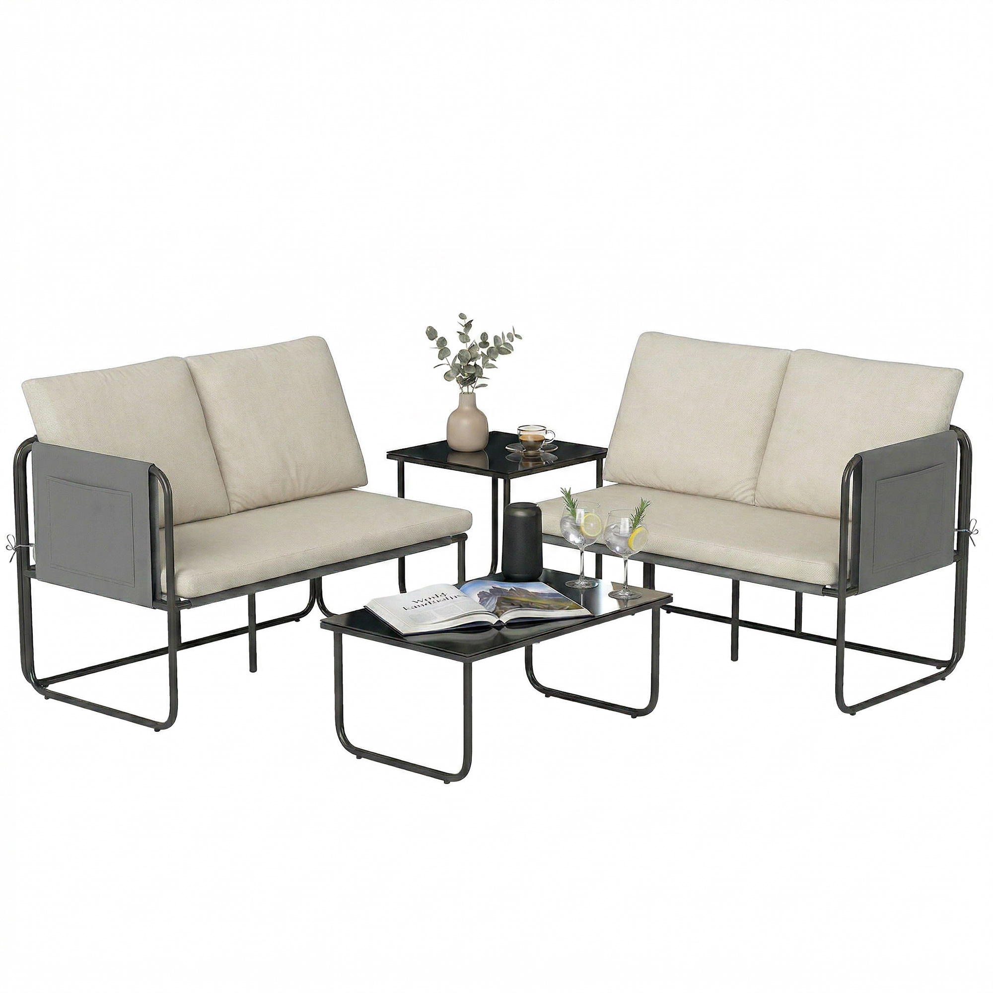Outsunny Conjunto Jardín Exterior de 4 Piezas, Muebles Jardín Exterior con 2 Sofás 2 Plazas, 2 Mesas de Vidrio, Cojines, Fundas Extraíbles, Bolsillos, Tela Textilene Transpirable, Marco Acero