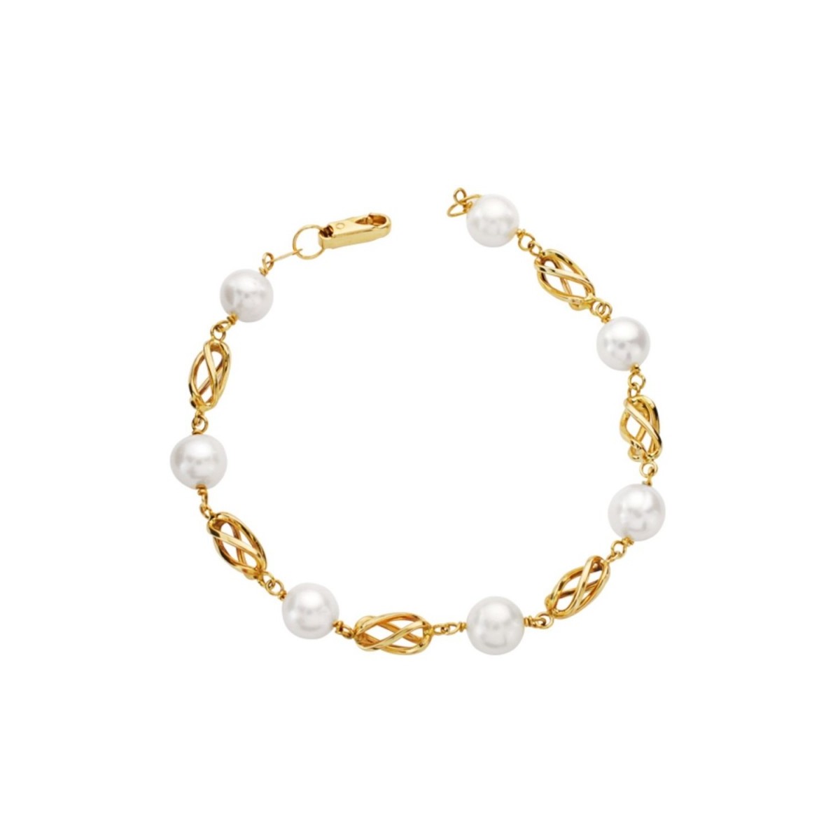 Pulsera oro 18k mujer 19 cm. jaulas combinadas perlas redondas mosquetón