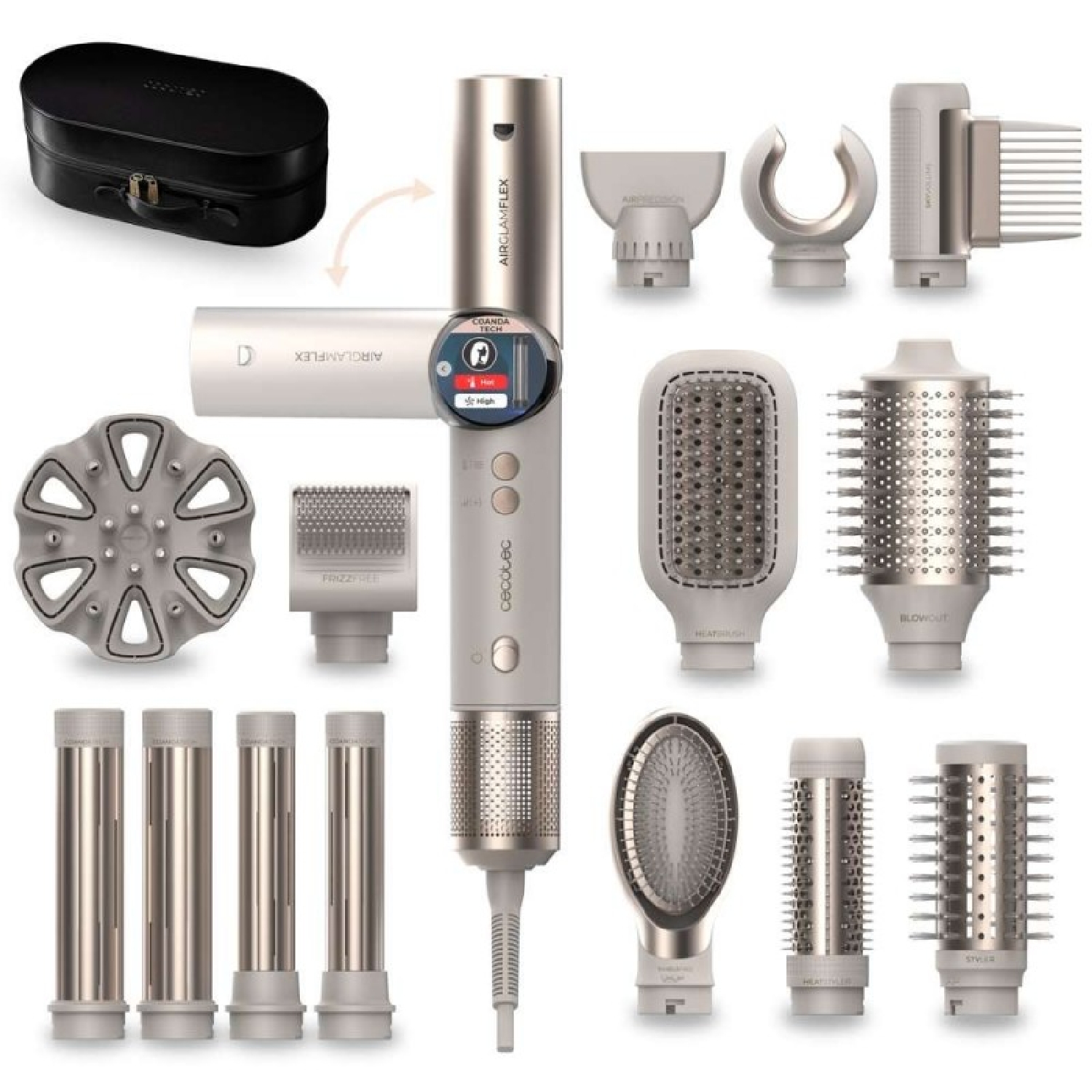Cecotec Moldeador de Pelo 14 Cabezales AirGlam 14in1 Flex Champagne. 1400W, 110000RPM, Pantalla, Tecnología Coanda
