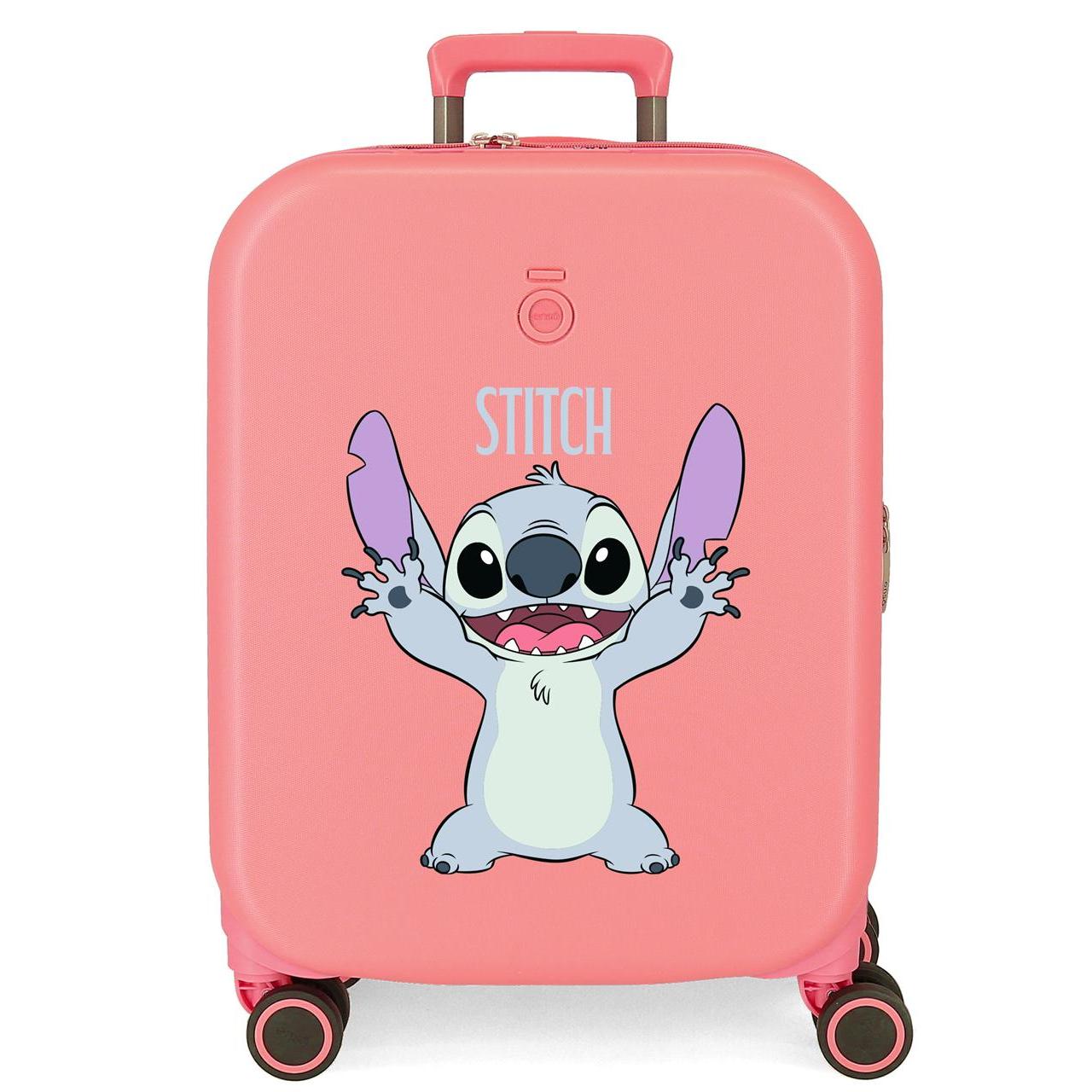 Maleta de cabina ABS expandible Stitch Playful de 40 cm x 55 cm x 20 cm. Tiene una capacidad de 37L y pesa 2,8 kg.
