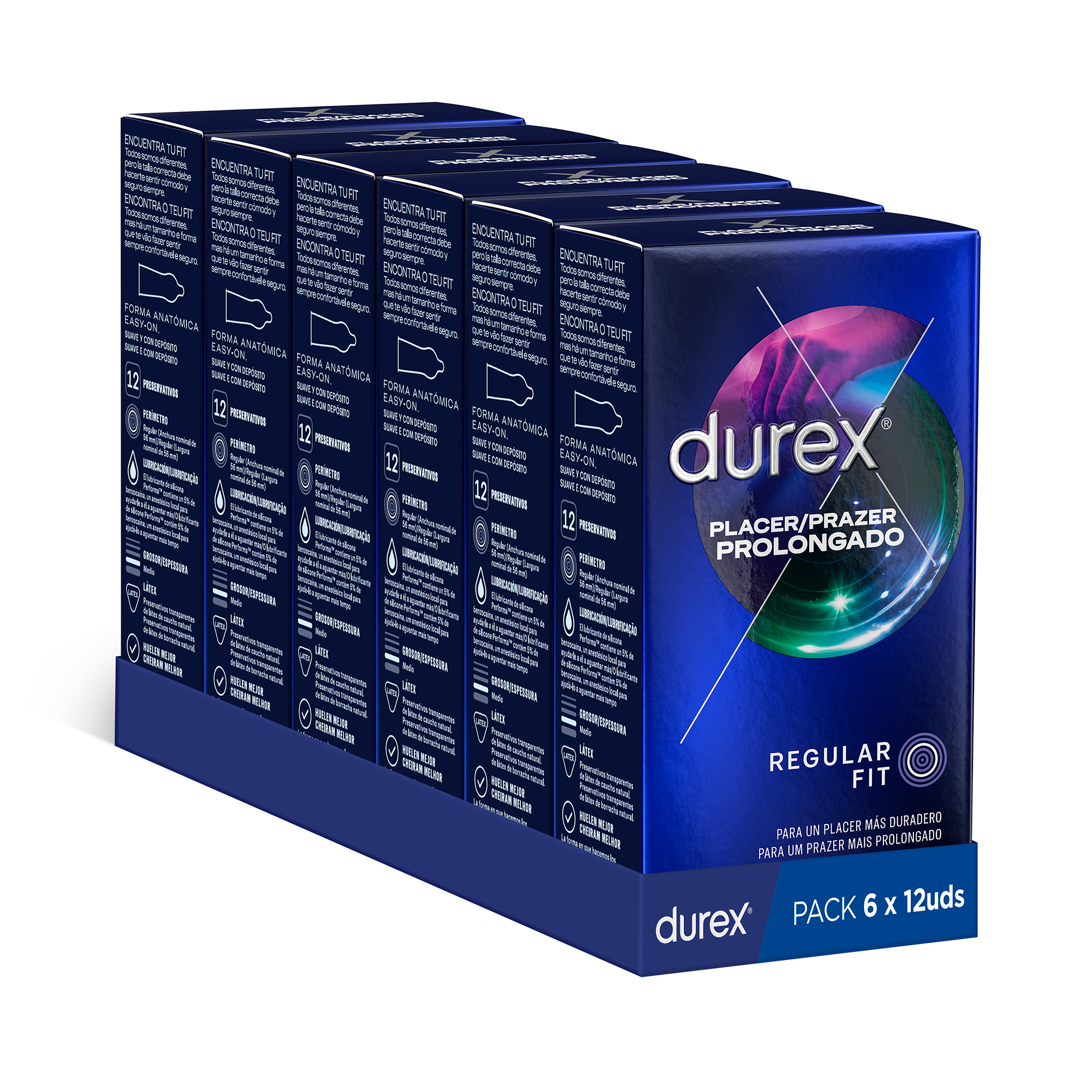 Durex - Condones Placer Prolongado, Pack de 72 Preservativos para Sexo Seguro. Perímetro Regular, Grosor Medio. 6 Cajitas