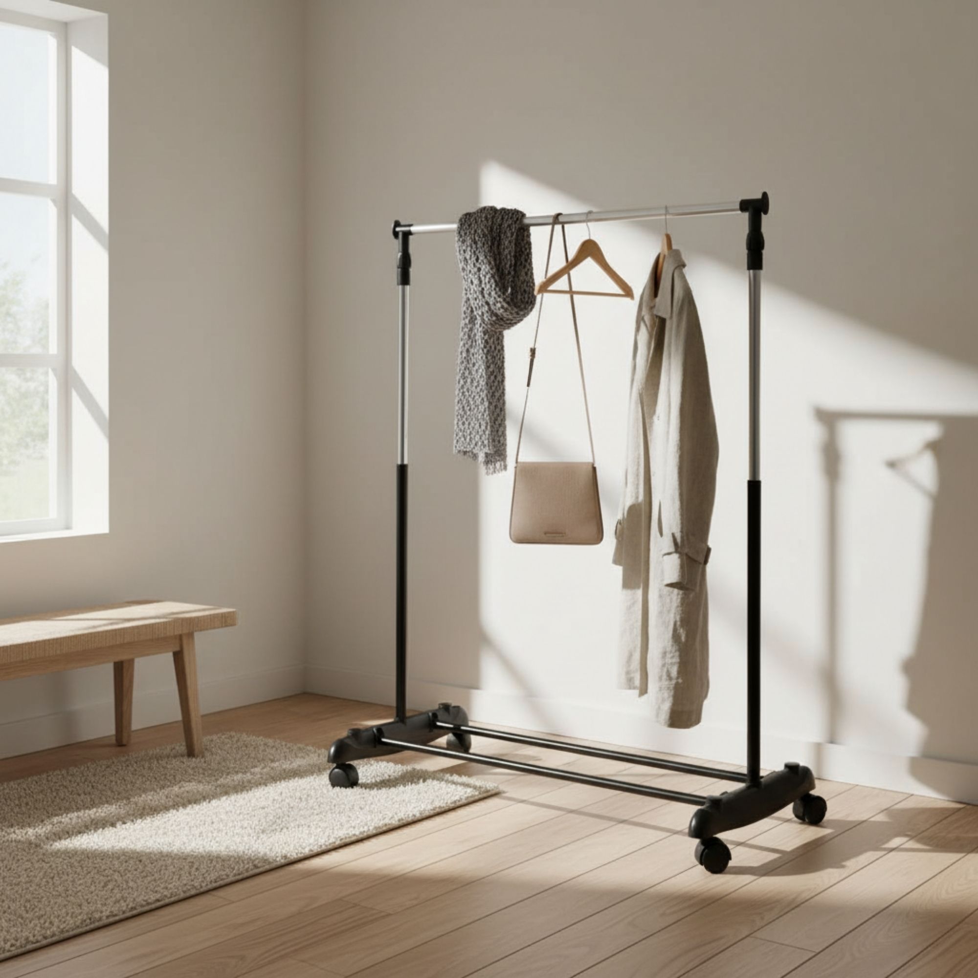 MOBLEKIT | Percheros de Pie y Percheros Extensibles de Metal y Madera, Burros de Ropa con Opciones Ajustables, con Ruedas o Estantes, Organizadores para Dormitorio, Entrada y Hogar