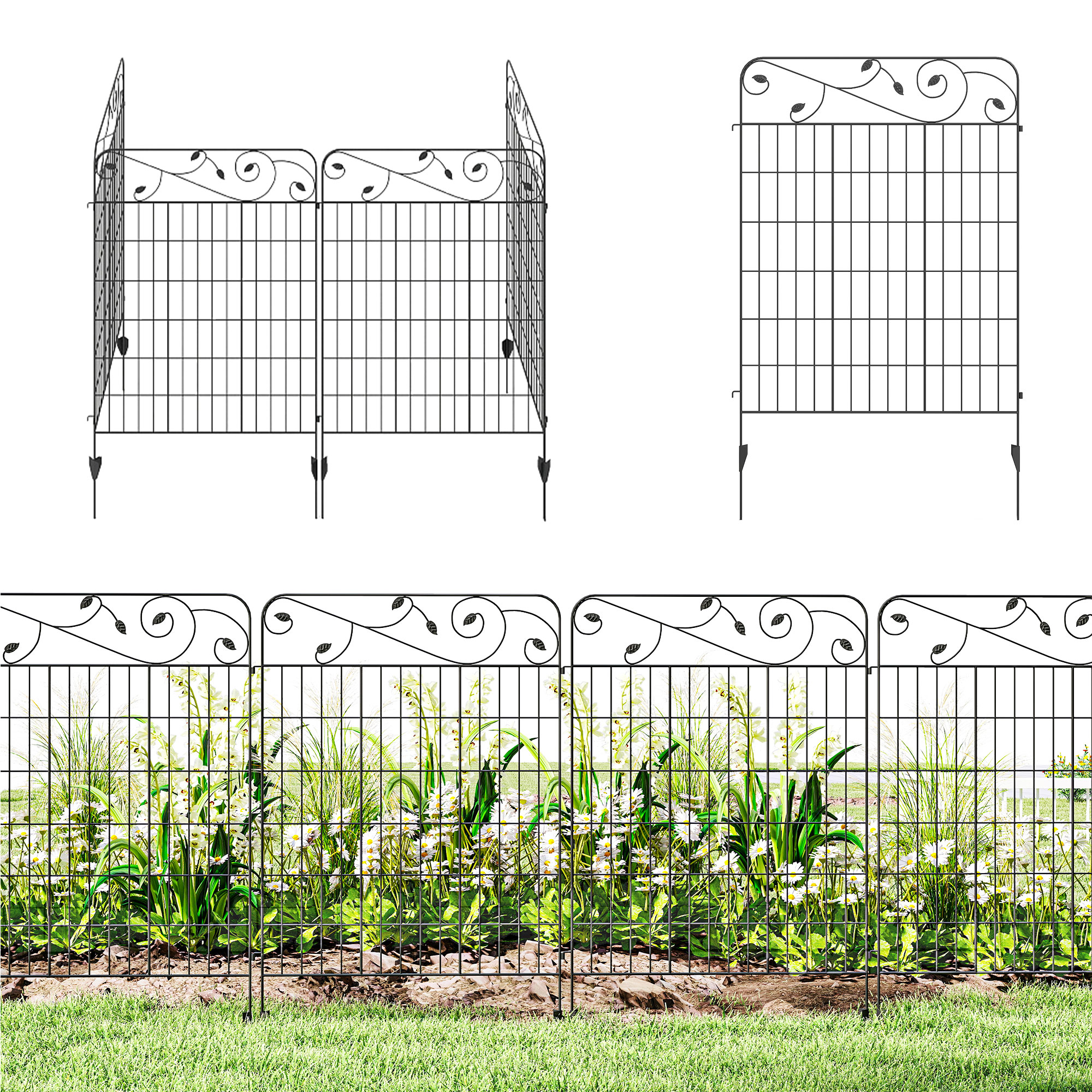 Outsunny Vallas de Jardín Exterior de 4 Paneles 88x110 cm Vallas de Jardín Metálicas Vallas Decorativas con Ángulo Ajustable para Patio Terraza Negro
