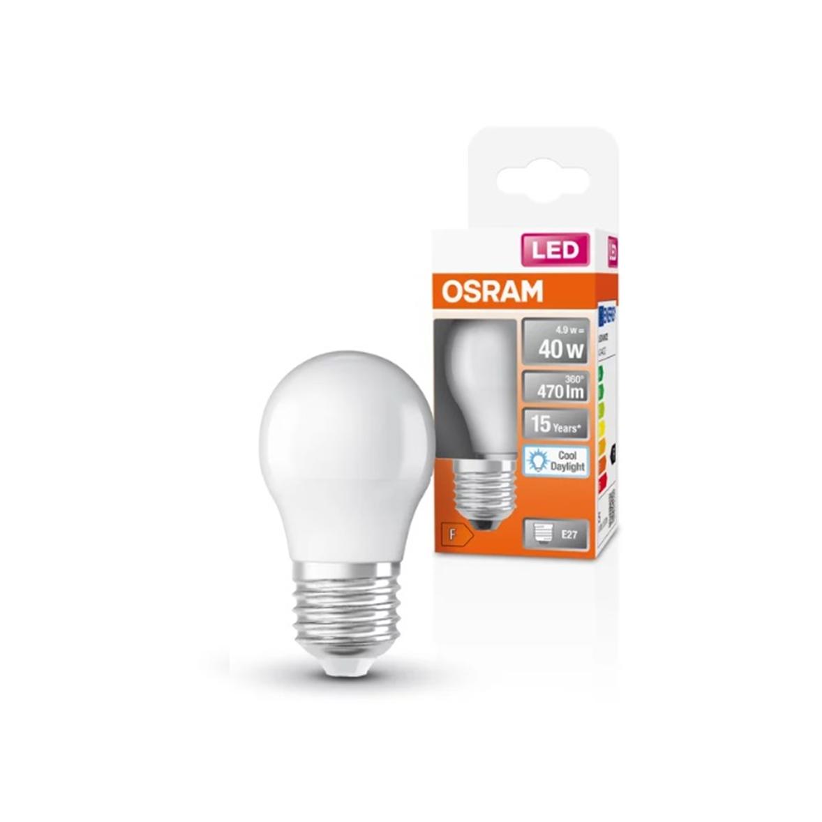 Osram - Bombilla LED esférica 4,9 W E-27 865 con 15000 horas de duración para lámpara de mesita noche, salón o techo