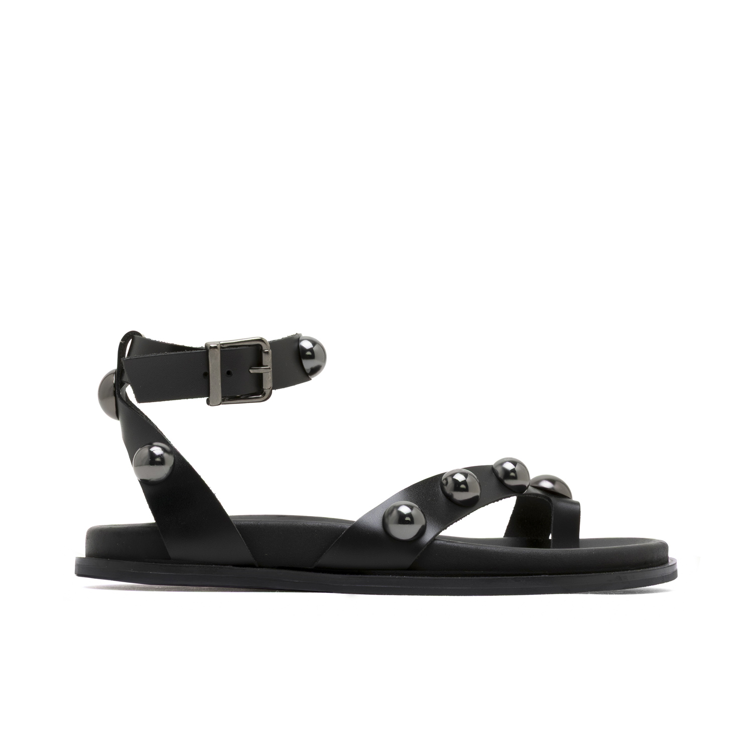 Sandalia Bio Plana de Piel Negra con Tachuelas Esféricas - Holly: Comodidad Ergonómica y Ajuste Perfecto con Hebilla al Tobillo, Hecho en España, Disponibles Tallas 36 a 41, Suela TPU Duradera, Elegan