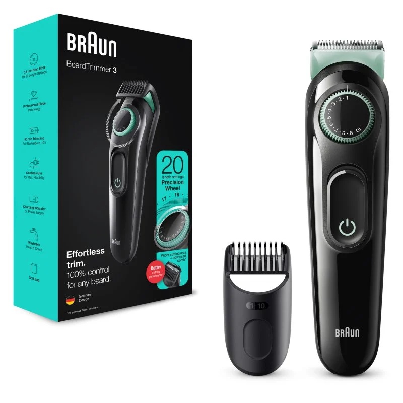 BRAUN BT3221 Recortadora de barba, 20 configuraciones de longitud, con dial de precisión, 50 min de uso, negro