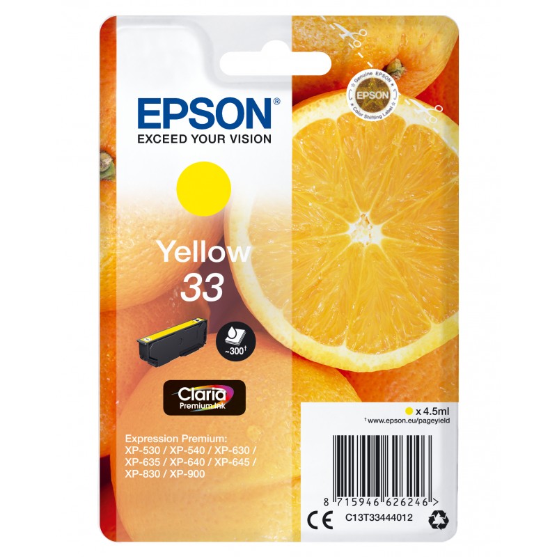 Epson - Oranges Singlepack Yellow 33 Claria Premium Ink - C13T33444012 C13T33444012