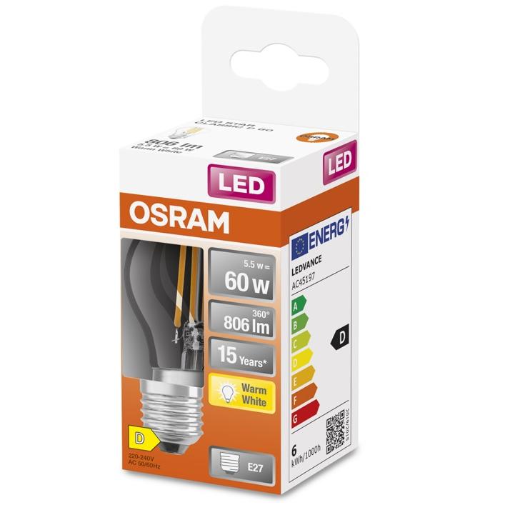 Osram - Bombilla LED esférica filamento clara 5,5 W E27 827 para luces interiores, lámparas de techo y mesita de noche, 806 lm, 15.000 horas, eficiencia D