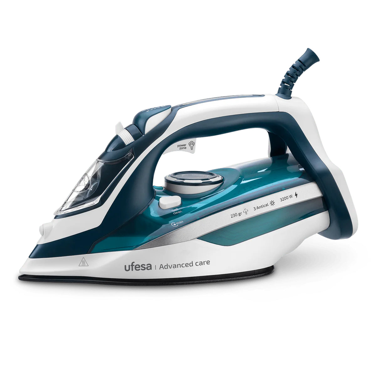 Ufesa - Plancha vapor Advanced Care 3200W con golpe de vapor 230 g/min, sistema antical 3 en 1 y suela cerámica Advanced Glide para planchado vertical, en seco o con vapor, ideal para ropa delicada y tejidos exigentes