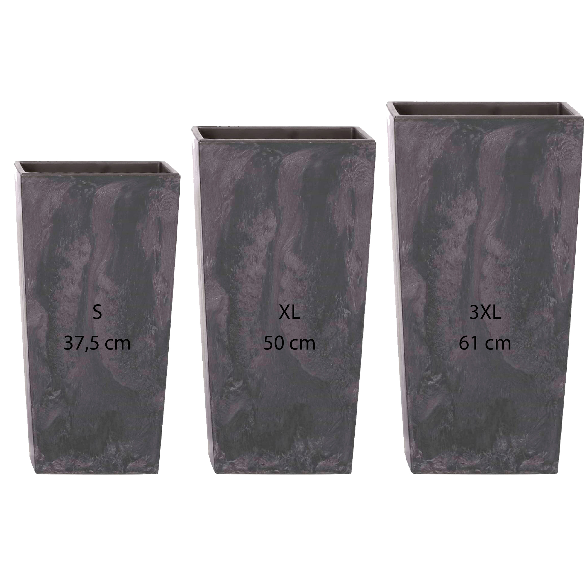 Pack 3 macetas altas PROSPERPLAST (11,4/26,6/49 litros) Urbi Square Effect de plástico en color antracita con deposito.