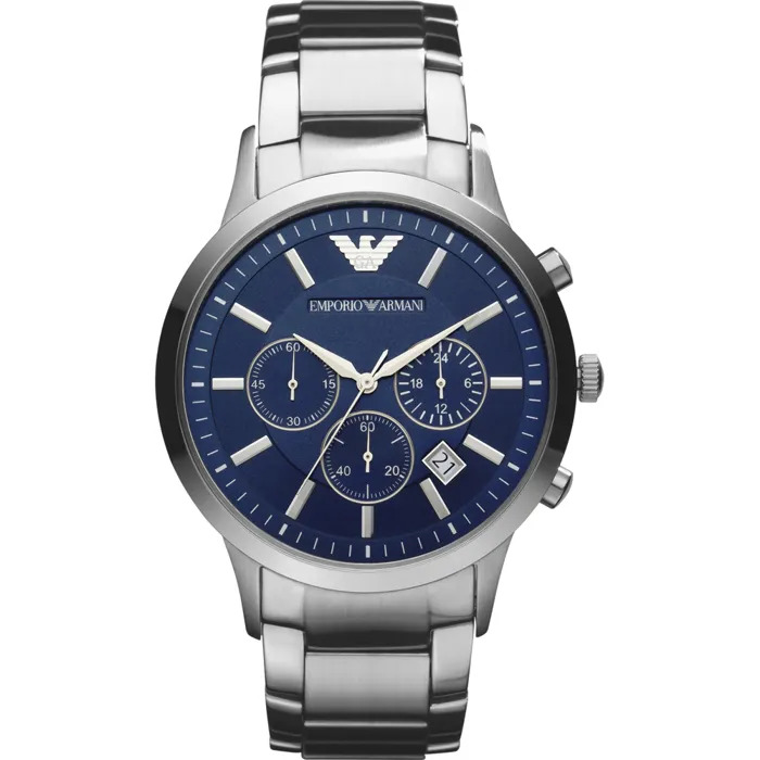 Emporio Armani Reloj hombre AR2448, cronógrafo de cuarzo, esfera azul, brazalete de acero, fecha, 5 ATM, Incluye Caja Original, Diámetro: 43MM