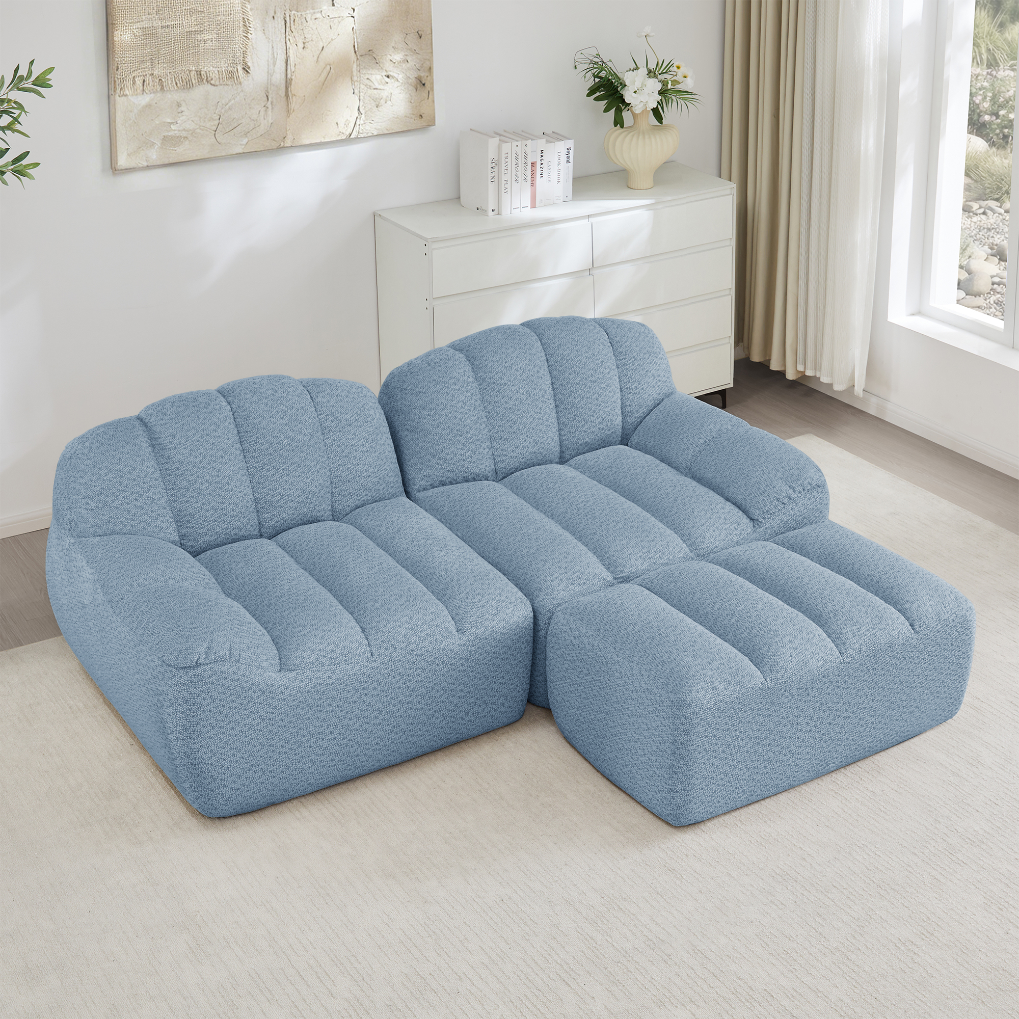 Canapé modulable en L 2 places bleu sans structure avec ottoman et assise profonde