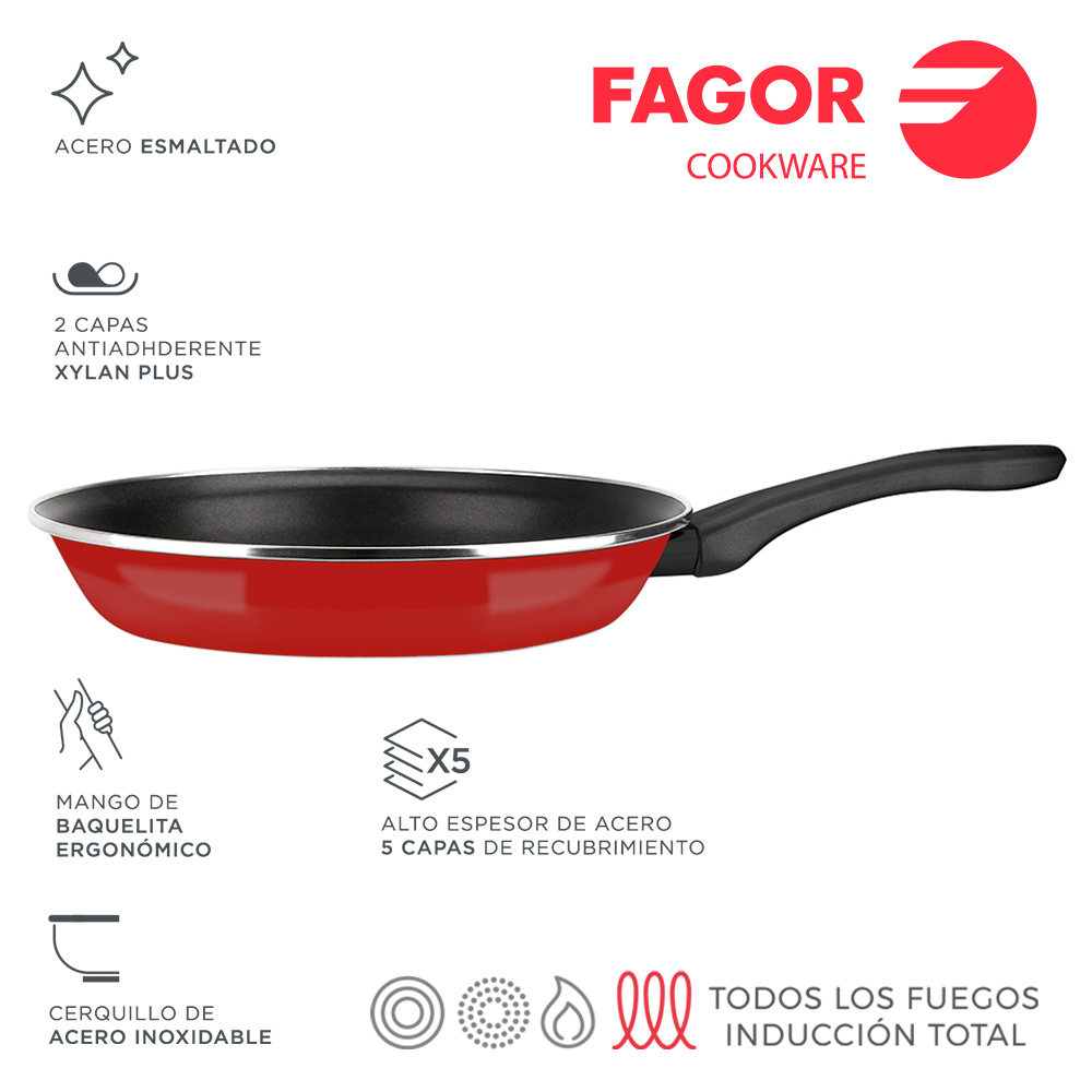 Sartén Fagor Optimax Ø24cm Roja Acero Esmaltado Antiadherente Xylan Plus