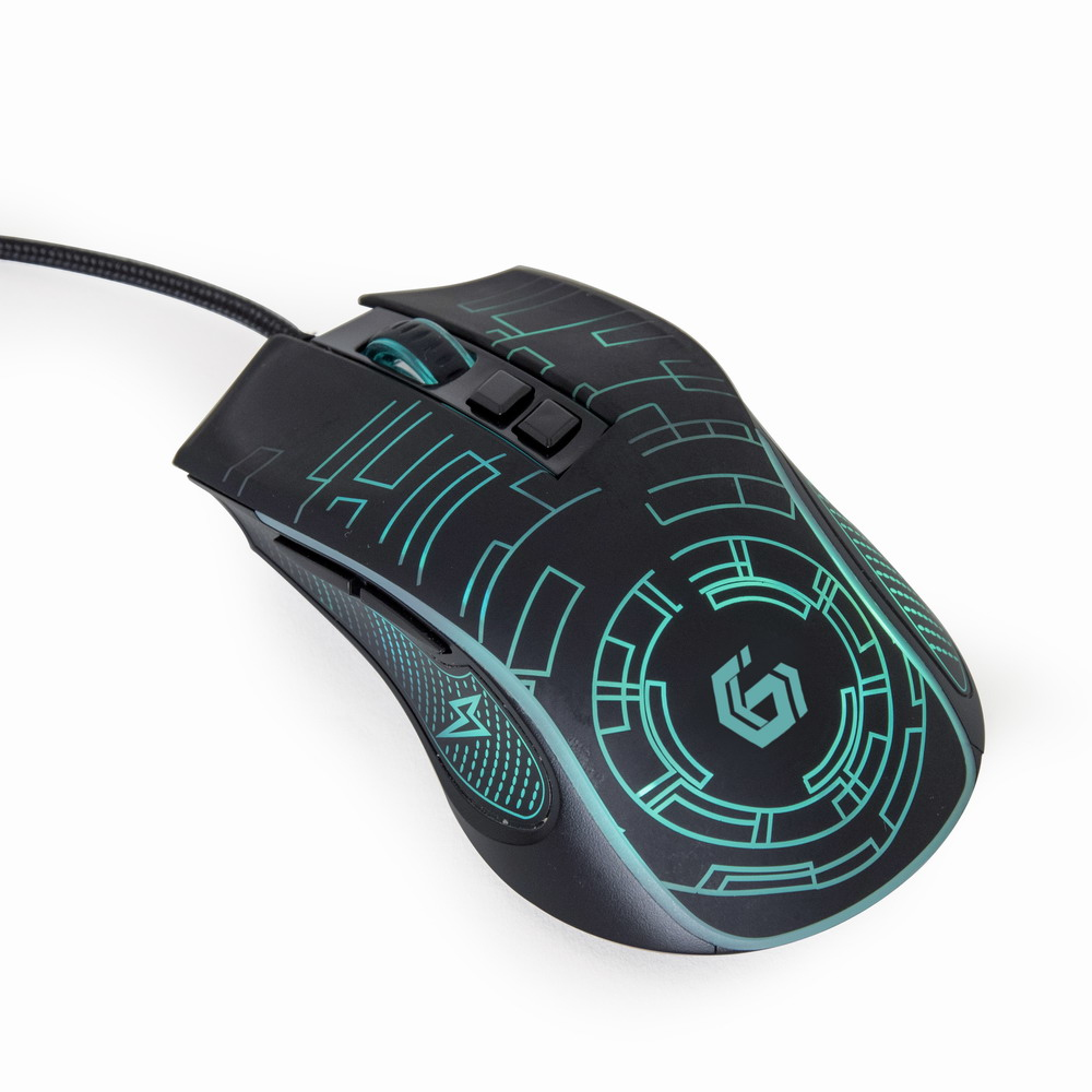 Gembird musg-rgb-01 right-handed USB gaming mouse with 3600 DPI, 7 buttons, 1.5m cable, ergonomic design, and rubber grips, perfect for gaming.