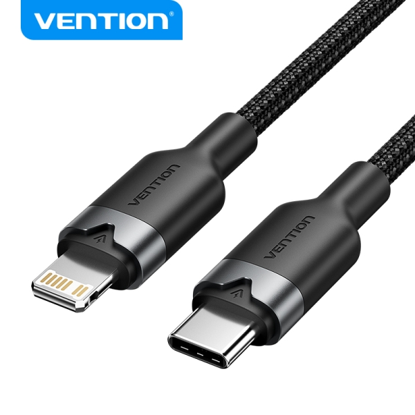 Vention cable de carga usb-c/lightning - aluminio trenzado - 480mbps - 3a - 27w max - color negro