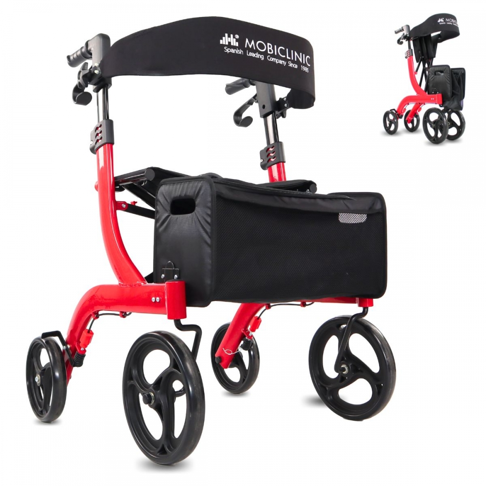 Mobiclinic® PRO Andador para ancianos Plegado con una sola mano Ruedas grandes Doble sistema de frenado Invicto Todoterreno Cesta amplia Asiento y respaldo acolchados Altura regulable