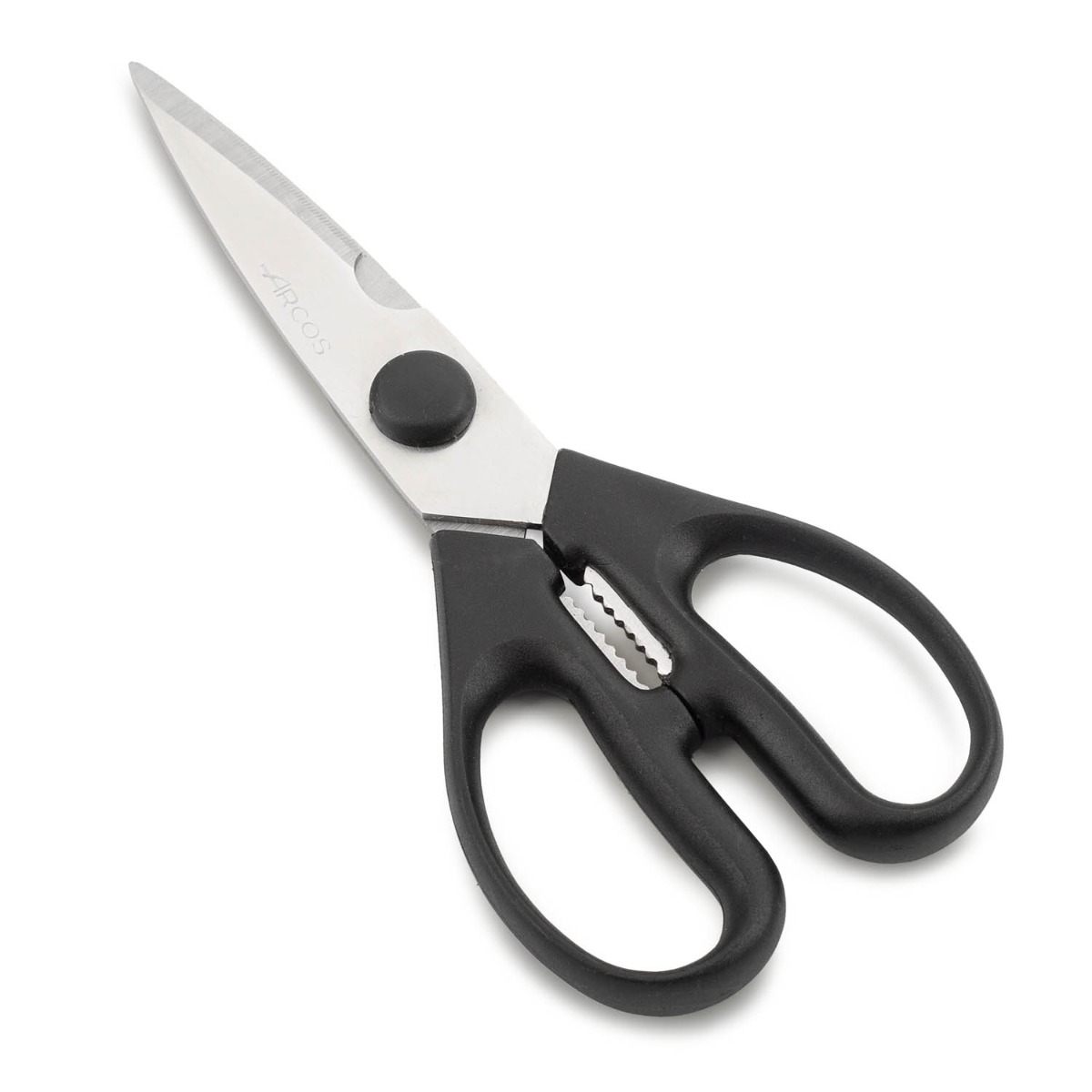 Arcos Tijeras de Cocina de Acero Inoxidable Nitrum. 195 mm - 154 gr. Mango ergonómico polioximetileno POM. Serie Prochef. Borde liso y elegante mango. Color negro.
