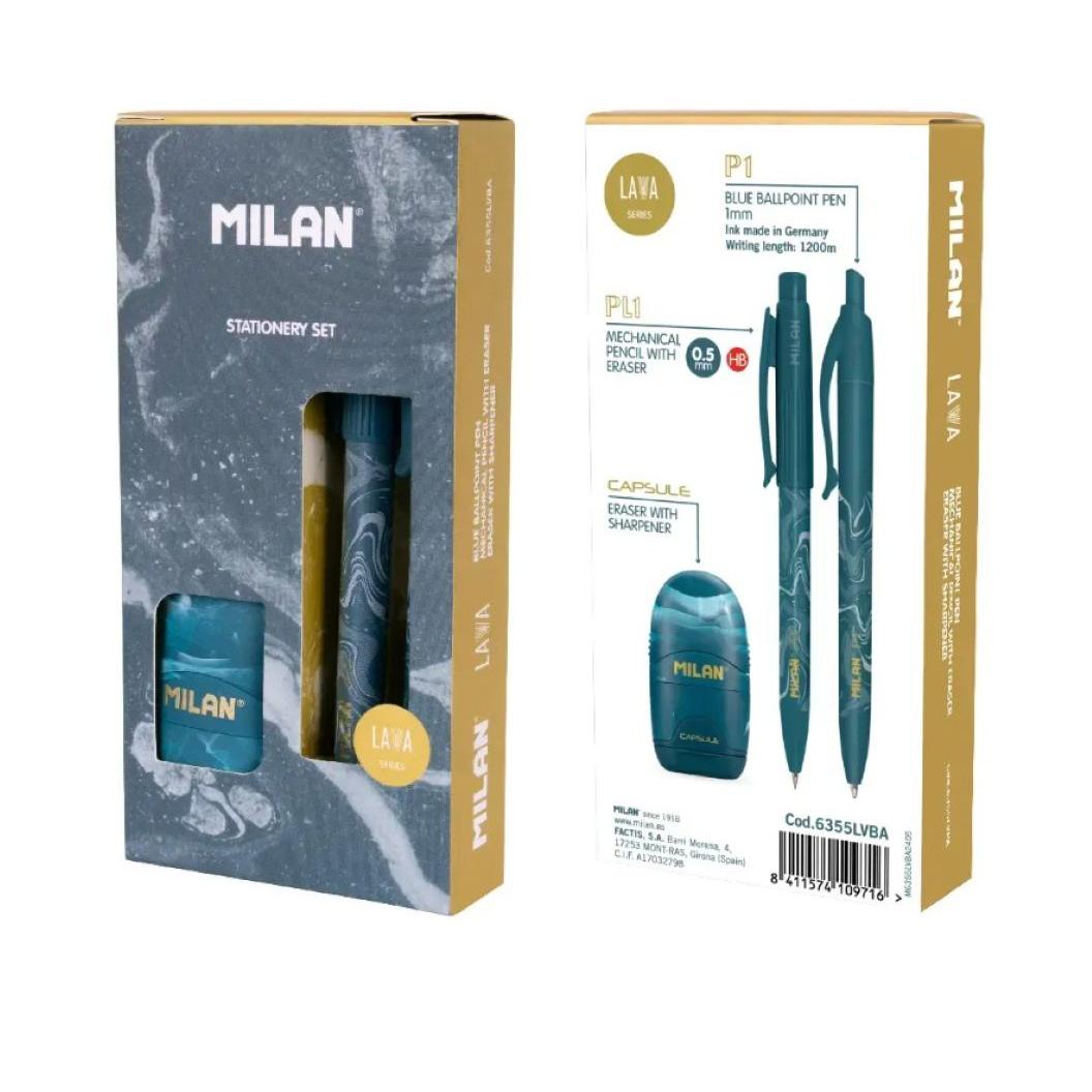 MILAN CAJA REGALO SERIE LAVA CON BOLÍGRAFO P1, PORTAMINAS PL1 0.5 Y AFILABORRA CAPSULE AZUL (6355LVBA)