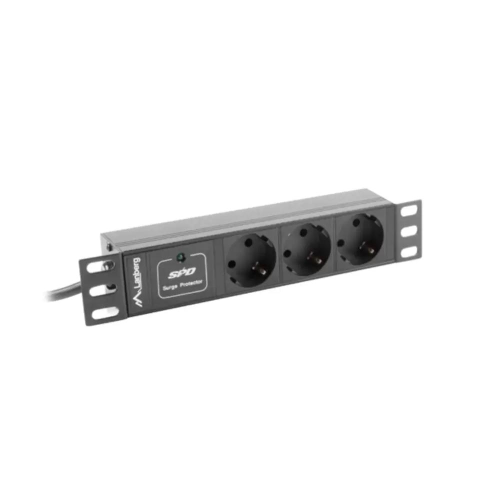 PDU Lanberg PDU-03F-0200-IEC-BK 3 Schuko 4000W 16A Protección Sobretensiones Rack 1U Aluminio 10" 2m Negro