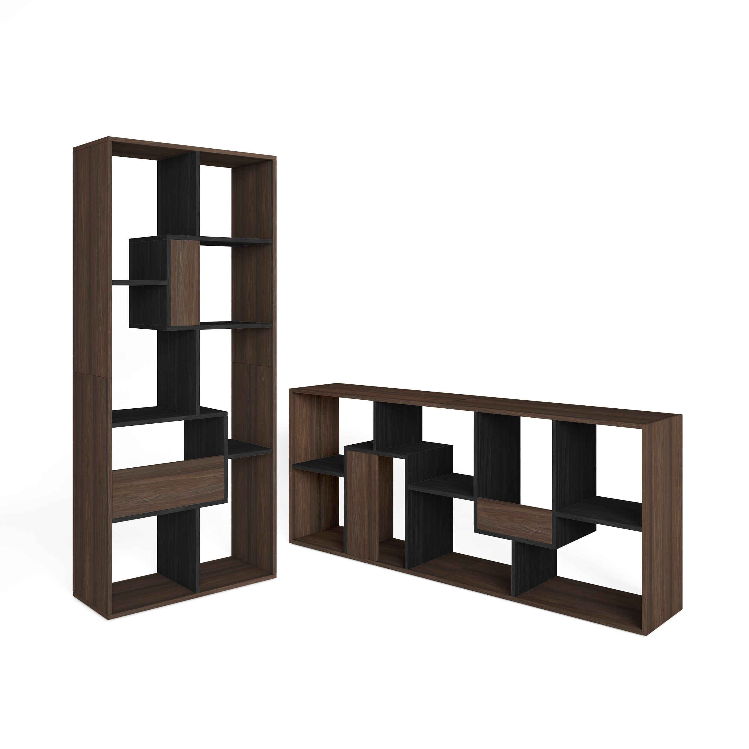 Skraut Home, Librería estantería, Estanteria libros de pared, 67x31x162cm, Con Almacenaje, Estilo Moderno, Roble oscuro y Negro