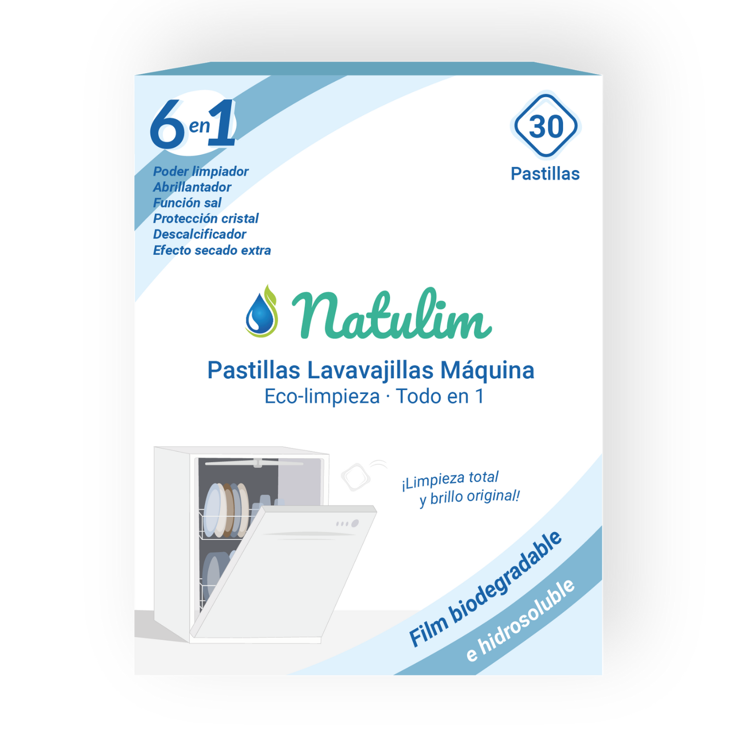 Natulim - Pastillas de Lavavajillas a Máquina - Eco-Limpieza, Biodegradables e Hidrosolubles 6 en 1 - Limpieza Profunda, Abrillantador, Función Sal, Protección Cristal, Descalcificador, Efecto Secado Extra (30 pastillas)