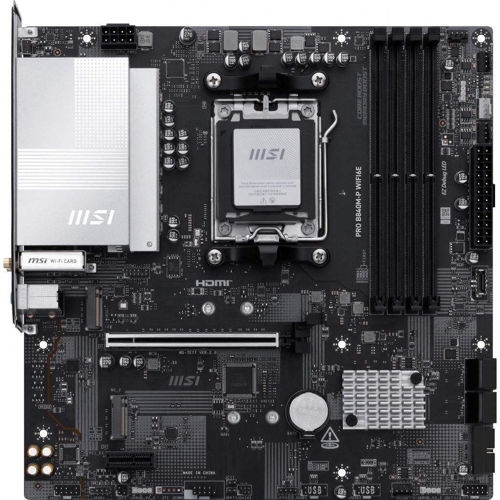 MSI - Placa base para PC modelo 911-7E77-002 B840M-P WIFI micro ATX con zócalo AM5, soporte DDR5 hasta 256 GB y Wi-Fi 6E para procesadores AMD Ryzen 7000/8000/9000