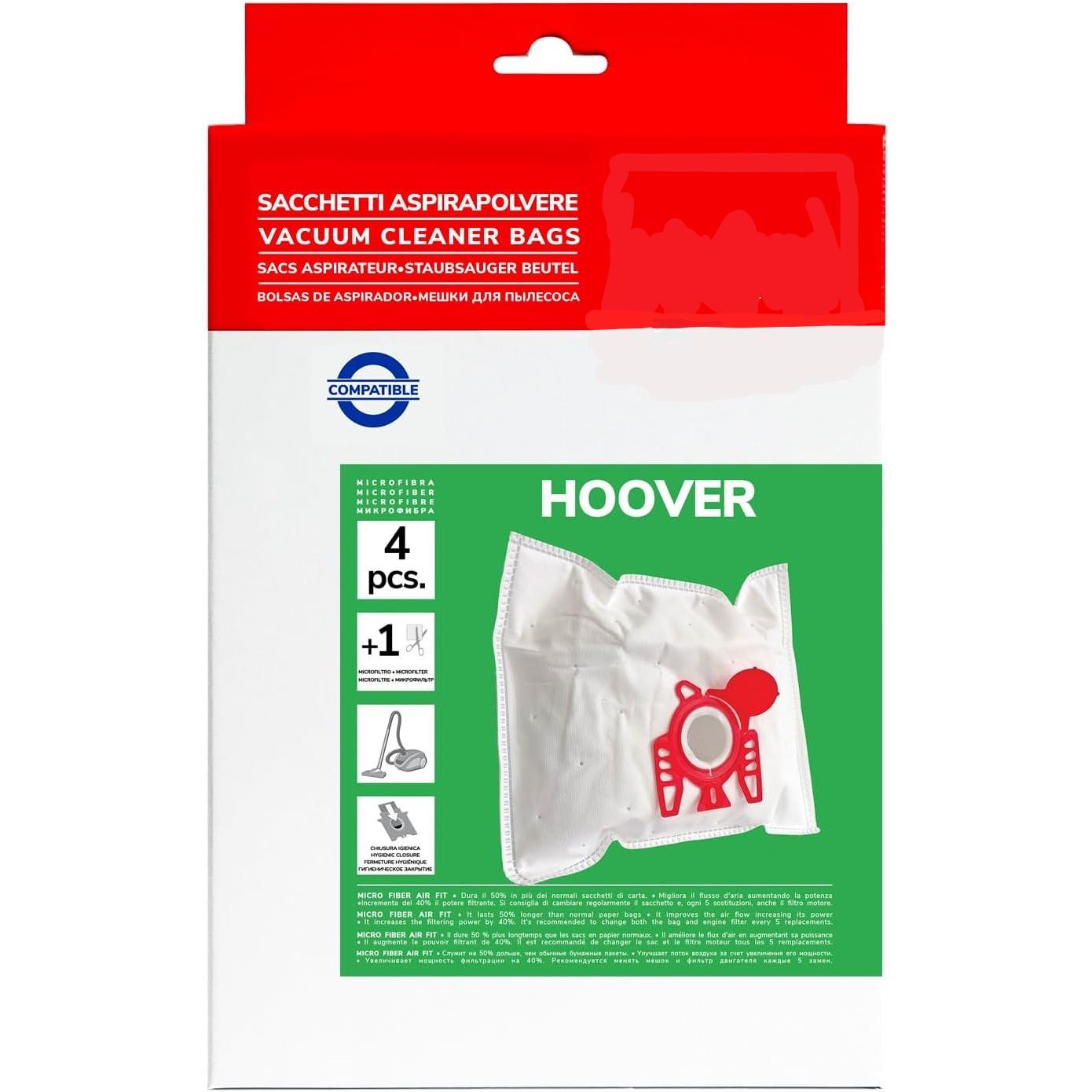 Pack de 4 Bolsas de Microfibra Compatibles con Aspiradoras Hoover H30s, H30+, H52, H60, H61, Telios, Sensory, Microspace | +40% Poder Filtrante, Cierre Higiénico, con Filtro Recortable