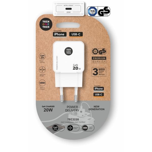 Cargador de Pared GAN Tech One Tech GAN TEC2220-1xUSB Tipo-C- 20W- Blanco