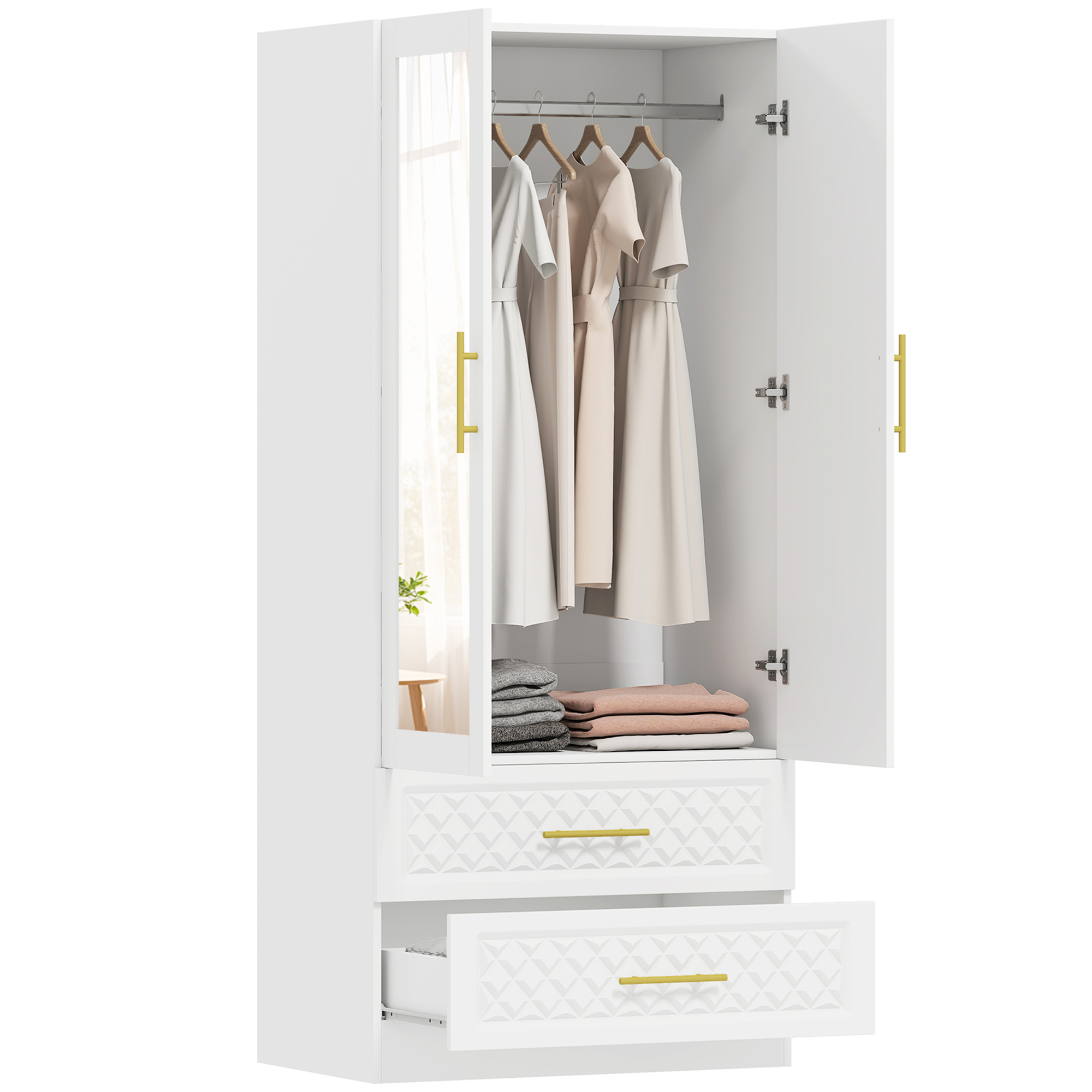 HOMCOM Armario Dormitorio 2 Puertas y 2 Cajones, Armario Ropero con Espejo, Relieve de Diamante, Barra para Colgar, Estilo Moderno, 80x50x180 cm