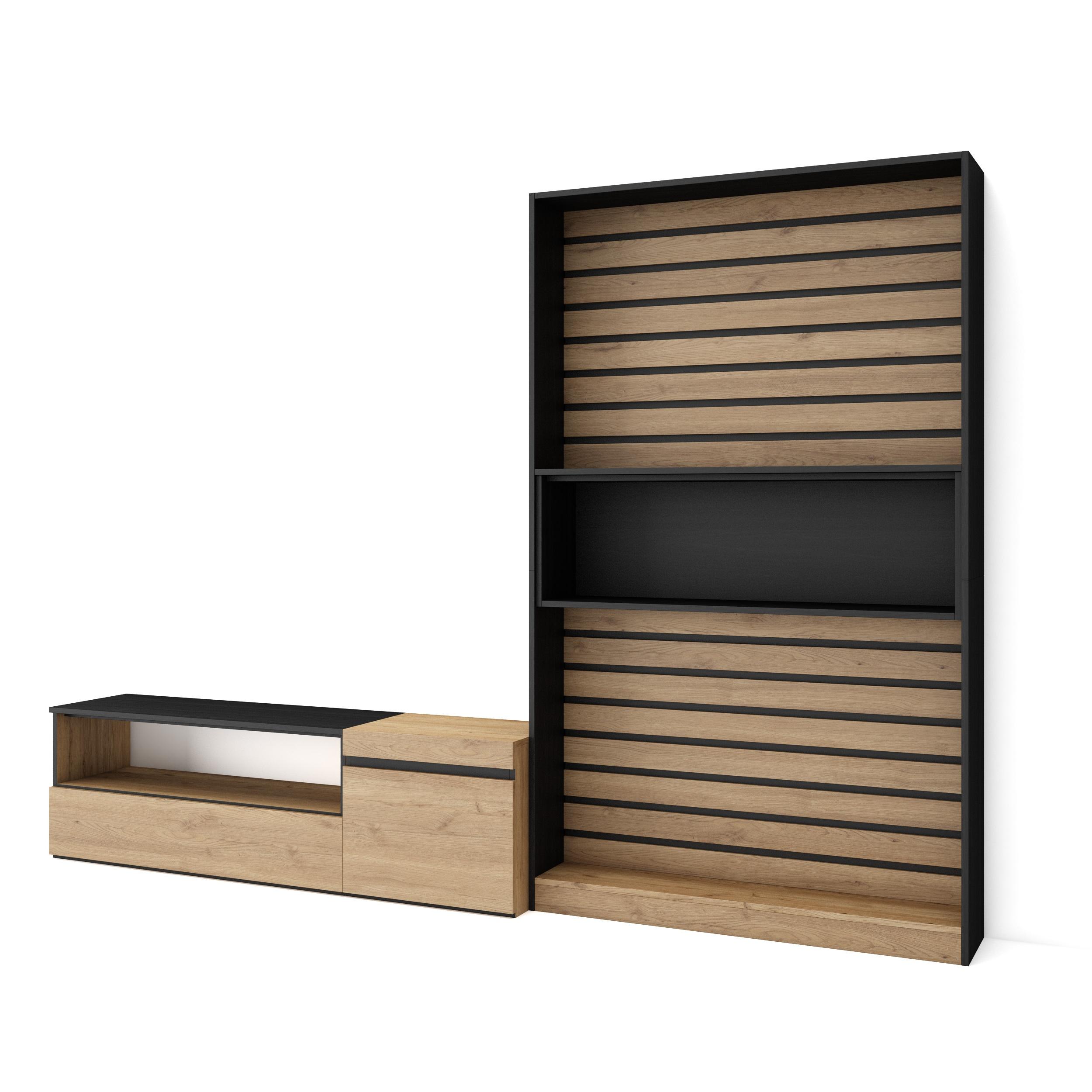 Skraut Home - Conjunto de muebles de Salón - Estantería y organización - Mueble TV - Veteado de madera - Tacto poroso de alta calidad - Estilo Moderno - Medidas totales 260x35x186cm