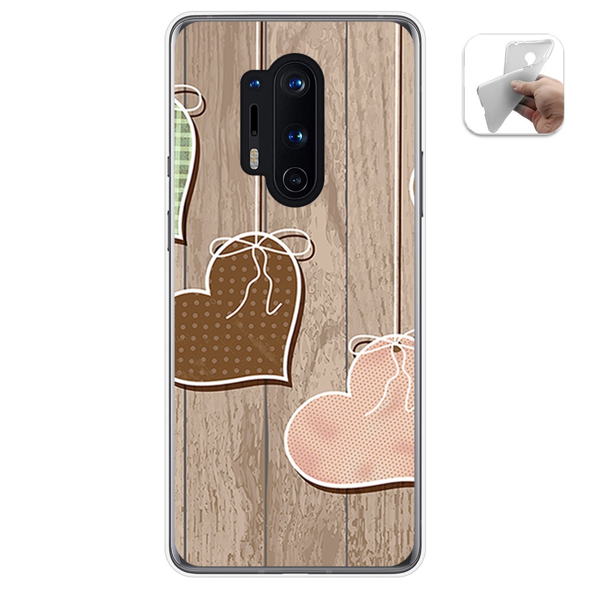 Tumundosmartphone Funda Gel Tpu para Oneplus 8 Pro diseño Corazones Madera Dibujos