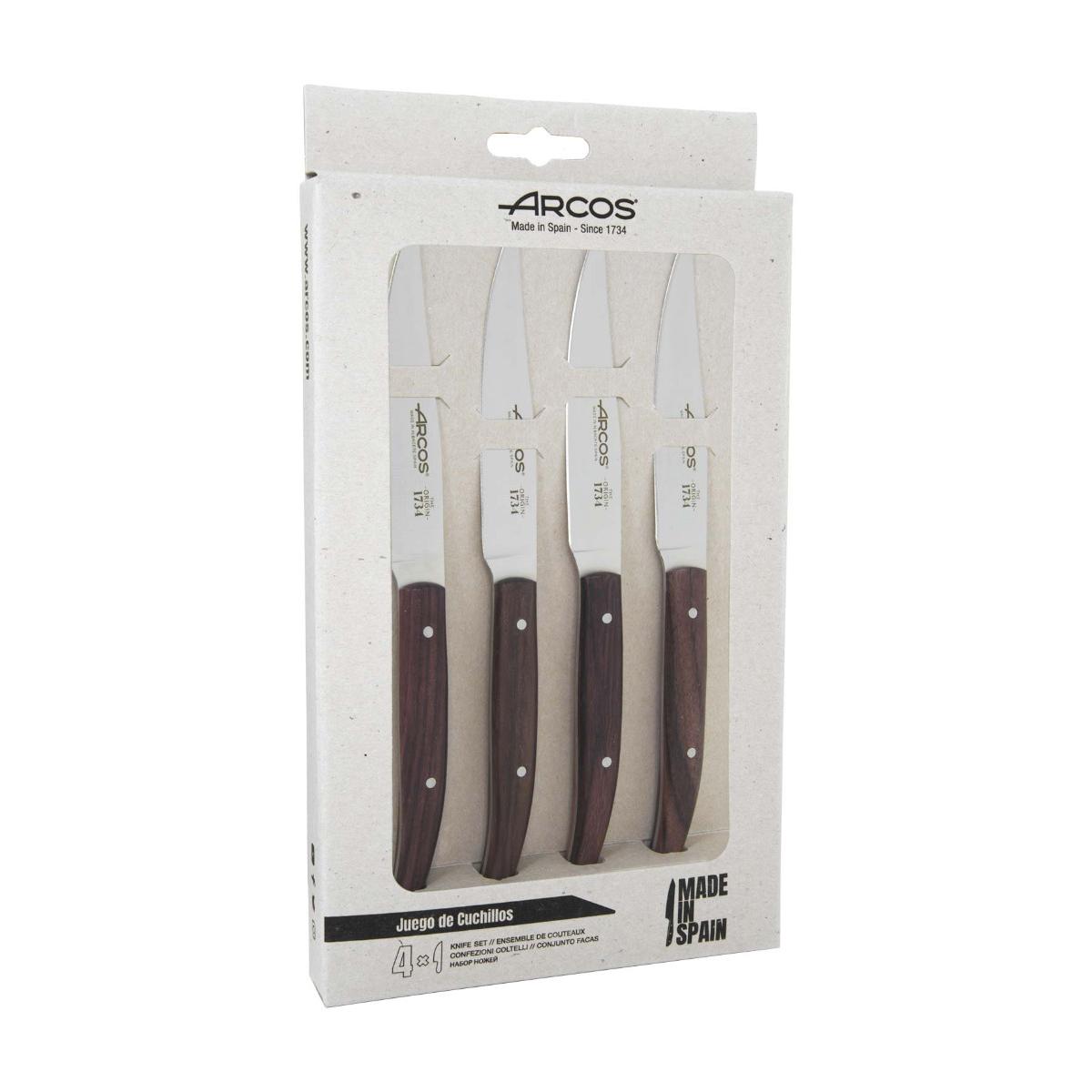 Arcos Serie Cuchillos de Mesa - Juego de Cuchillos de Mesa 4 piezas (Cuchillos Chuleteros) - Hoja Filo de Acero Inoxidable NITRUM de 110 mm - Mango Madera Palisandro Color marrón