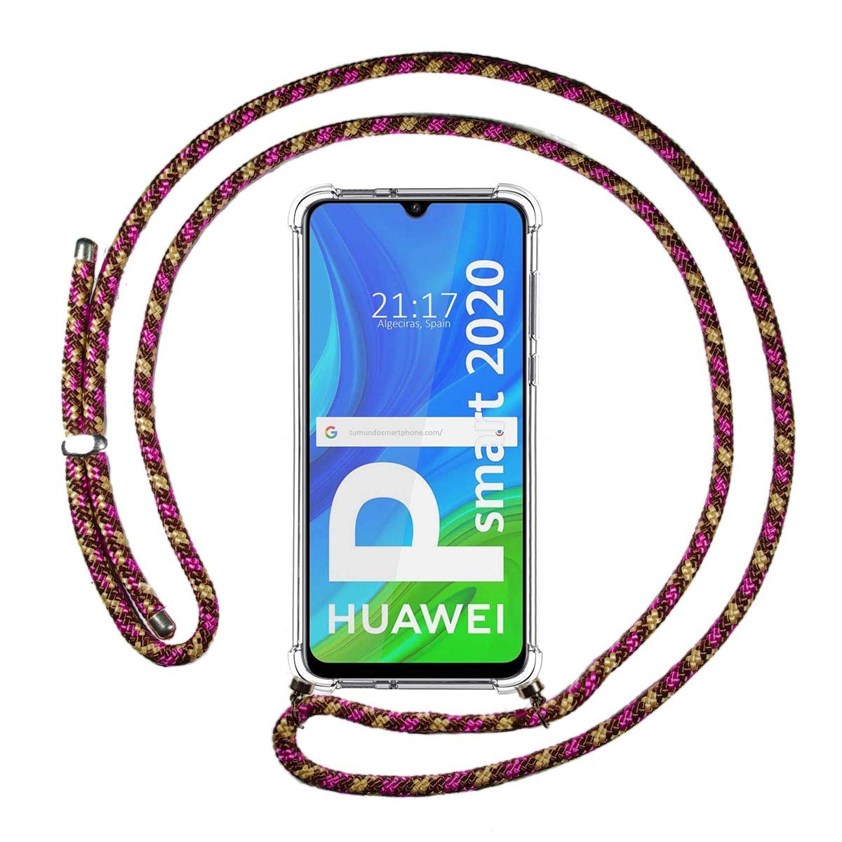 Tumundosmartphone Funda Colgante Transparente para Huawei P Smart 2020 con Cordon Rosa / Dorado