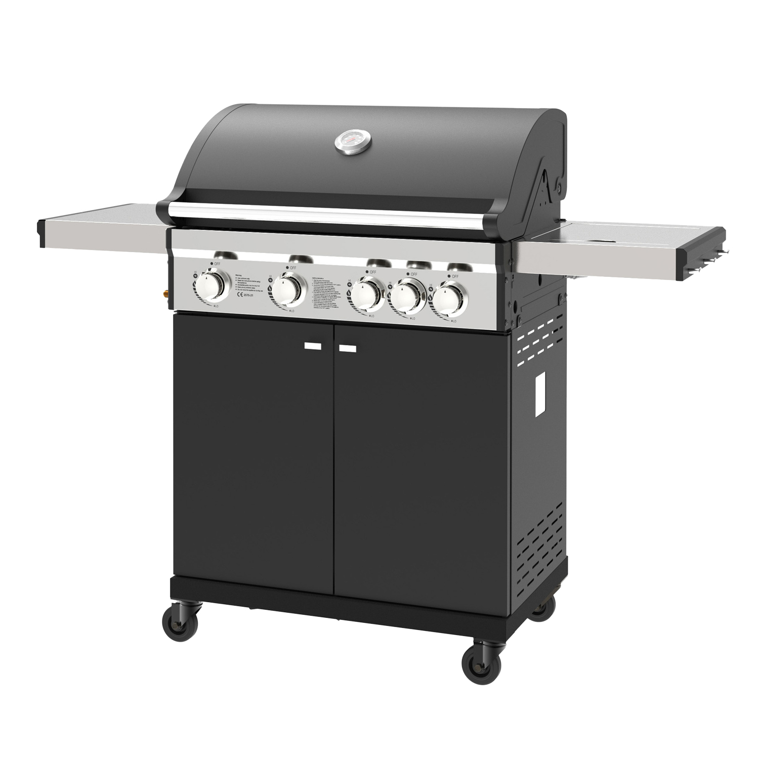 Barbacoa de gas para exteriores con 14,5 kW de potencia, compatible con butano y propano, 4 quemadores principales más 1 lateral.