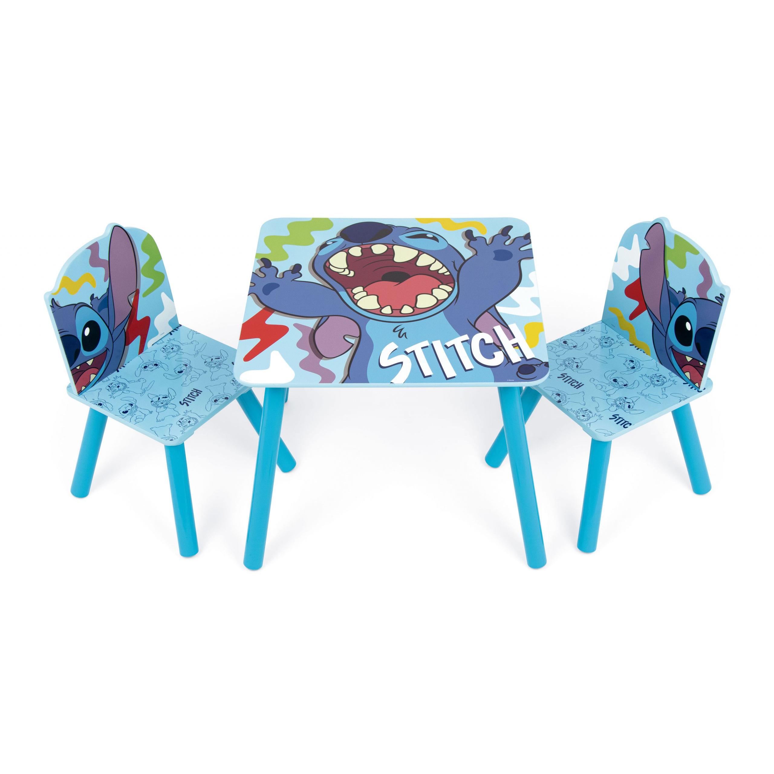 Stitch - Set mesa y sillas infantiles de madera con diseño Stitch Disney para niños, resistente e ideal para habitación o salón de juegos, tamaño 50x50x44cm