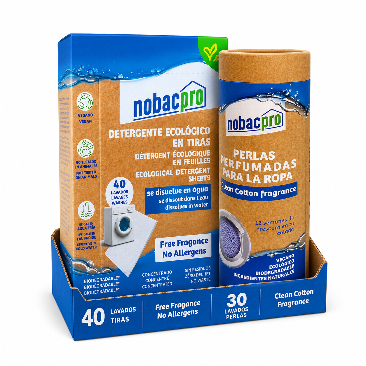 NobacPro - Pack Detergente en Tiras Lavadora + Perlas Perfumadas para Ropa | 40 / 80 / 120 Lavados Tiras Sin Fragancia + 30 / 90 / 120 Lavados Perlas Clean Cotton | Ecológico, Hipoalergénico, Vegano y Sin Plásticos