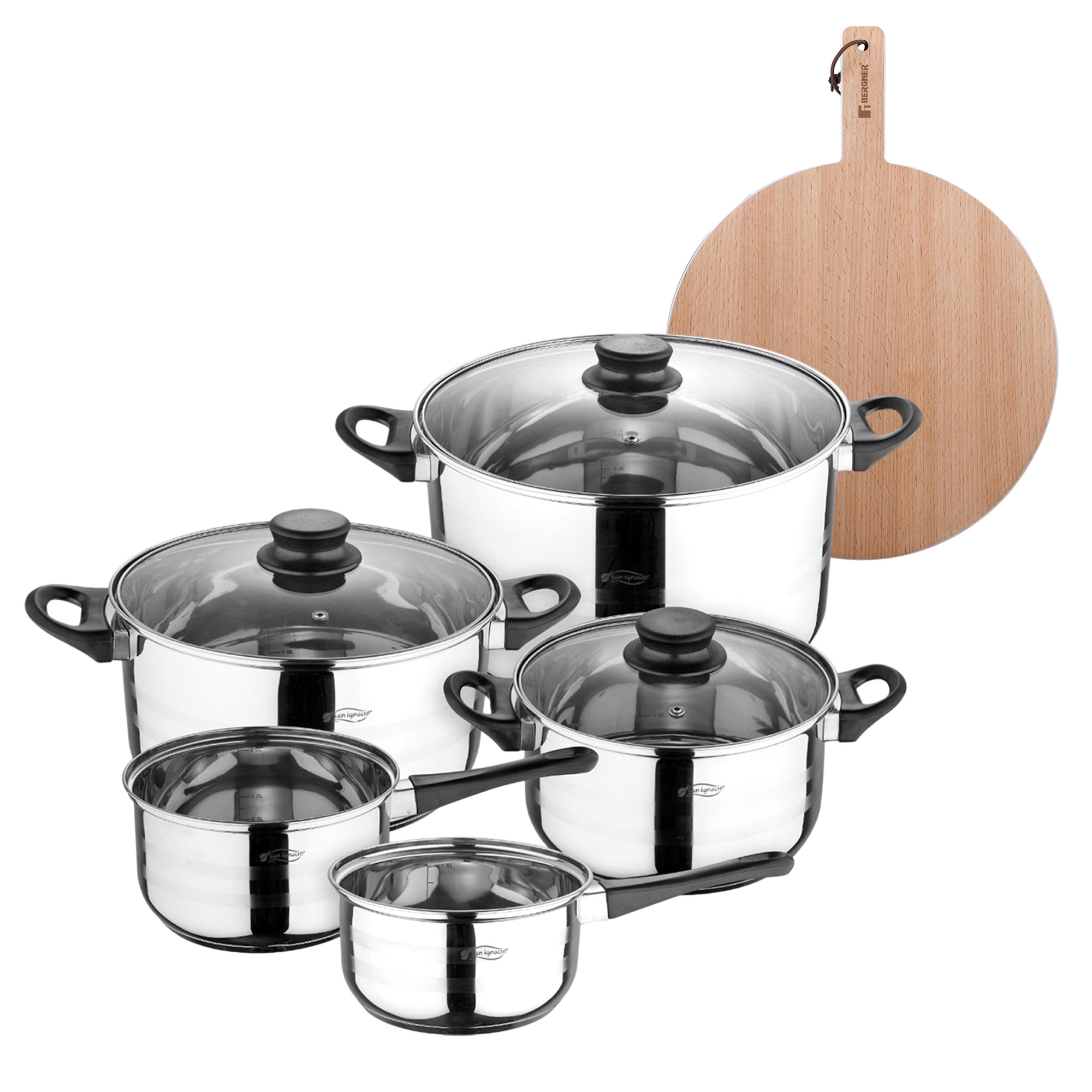 Batería de cocina de ocho piezas San Ignacio+  Delantal de Cocina Gris oscuro 100% Algodón 75x80cm de talla única SMART MasterPRO