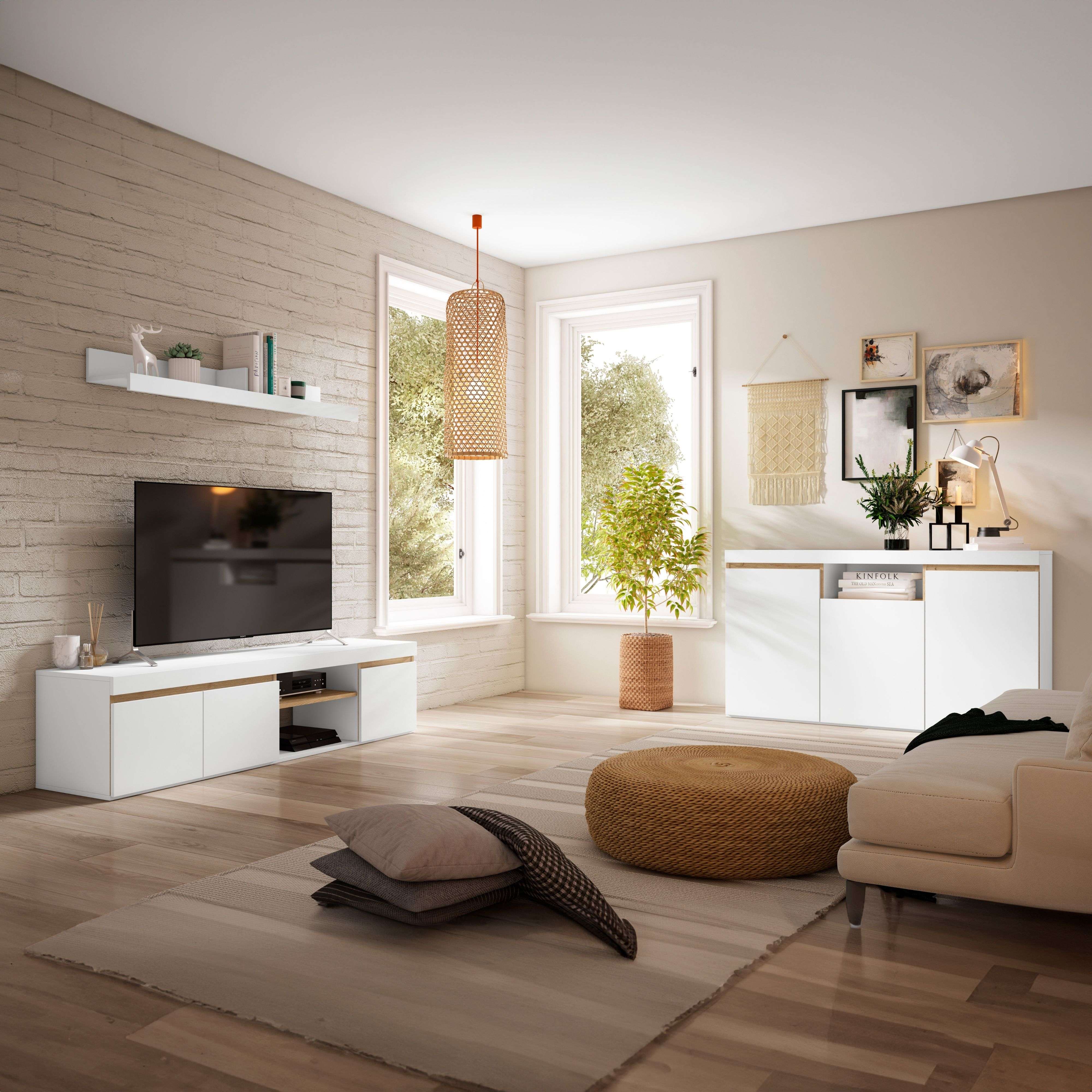 Miroytengo Pack de Muebles de Salón Comedor Elis Estilo Nórdico en Color Blanco y Naturales con Mueble de TV y Aparador