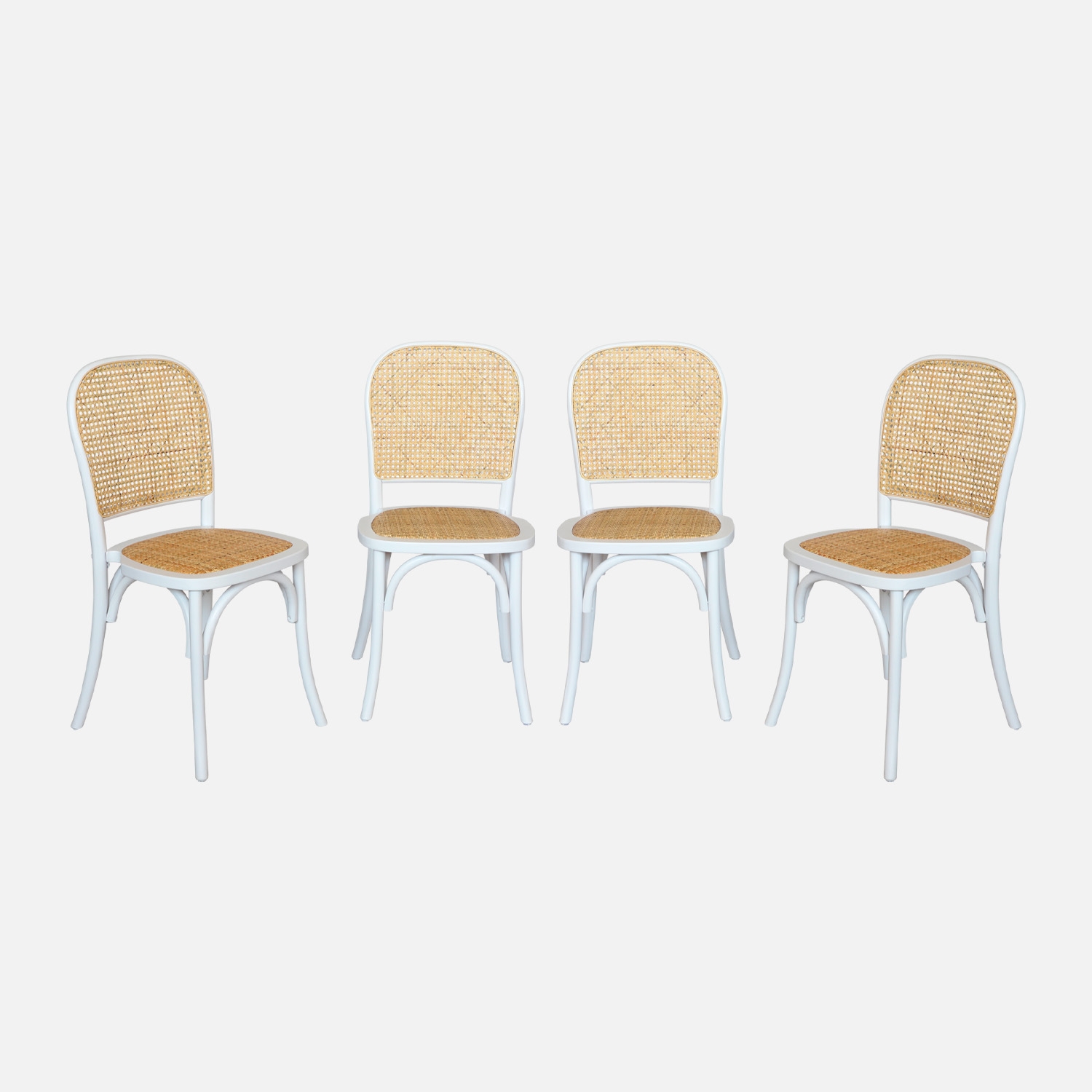 Sweeek - Sillas de madera y ratán vintage, set de 4, Montparnasse, Blanco, 44.5x48x89.5 cm