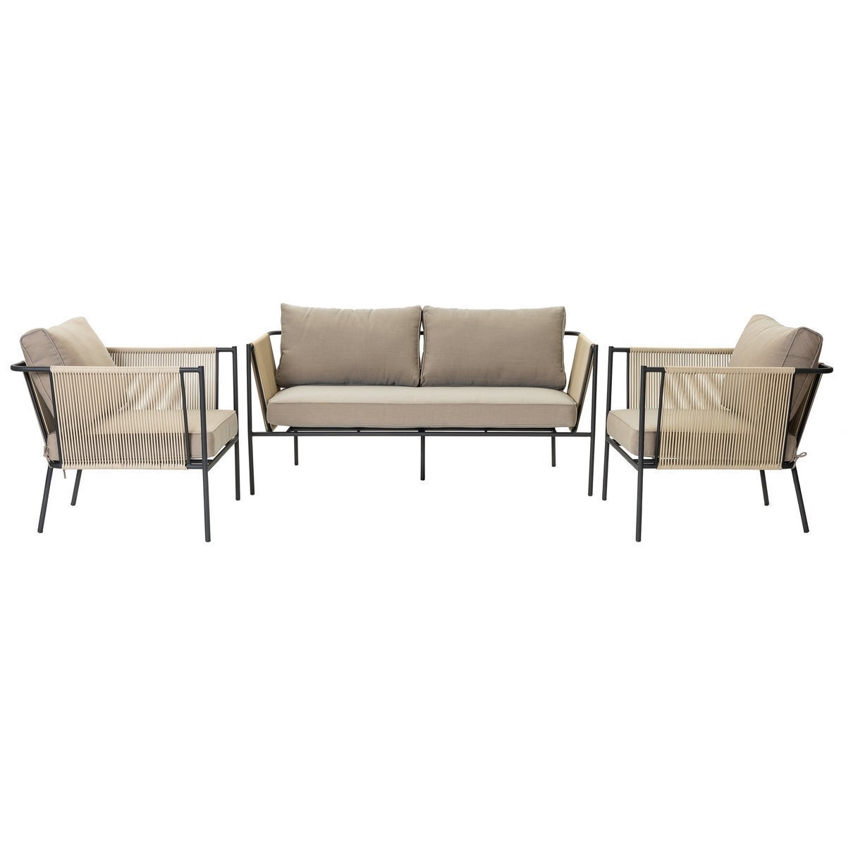 Conjunto de jardín Vienna con sofá y 2 sillones, desenfundable, negro de acero y cuerda LOLAhome