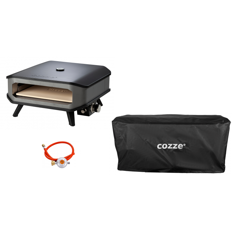 COZZE Forno per pizza a gas 17" XXL con termometro fino a 400°  42.5 x 42.5 cm include erogatore e copertura