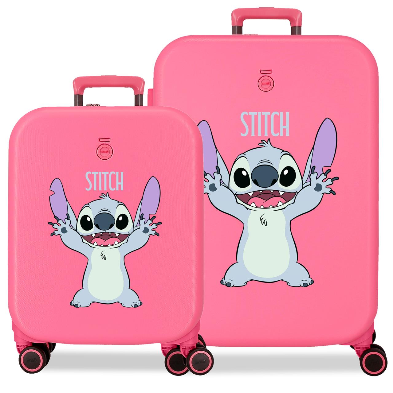 Juego de maletas Stitch Playful  compuesto por una maleta de cabina de 40 x 55 x 20 cm con 37L y 2,8 kg y una maleta grande de 48 x 70 x 28 cm de 79L y 4,0 kg. Fabricadas en ABS, un material resistente y ligero.